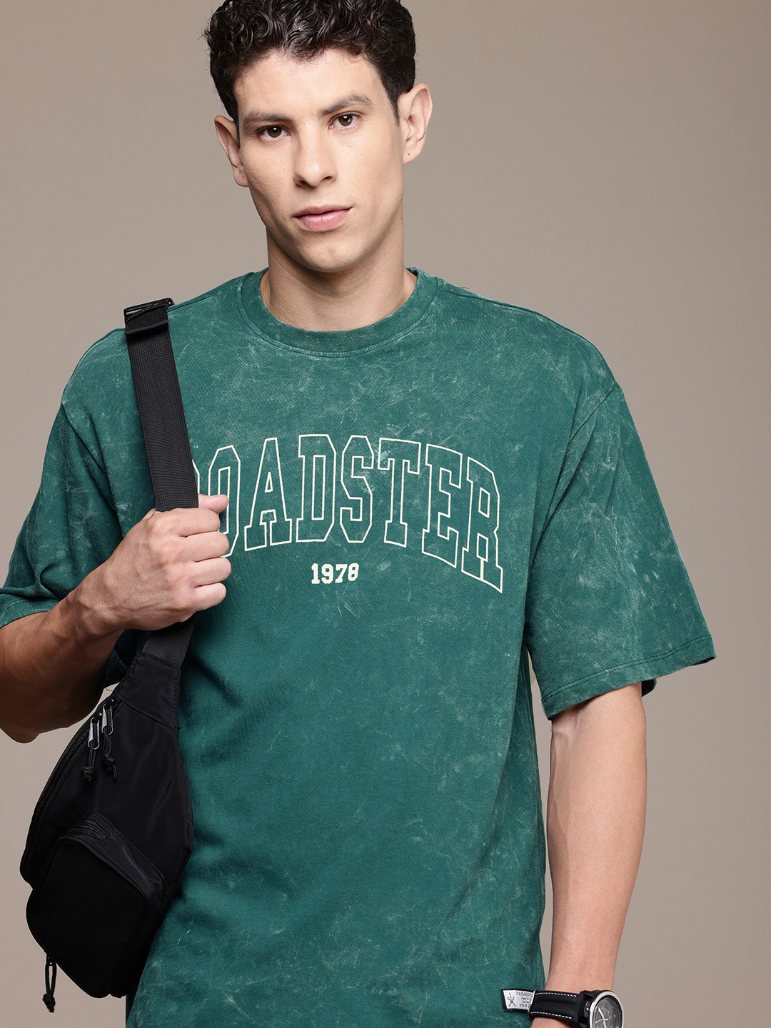 

The Roadster Life Co. Pure Cotton Typography Printed Drop-Shoulder Sleeves Washed T-shirt, Green