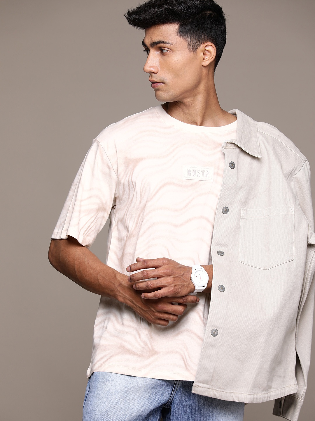 

The Roadster Lifestyle Co. Dyed Drop-Shoulder Sleeves Pure Cotton Relaxed T-shirt, Off white