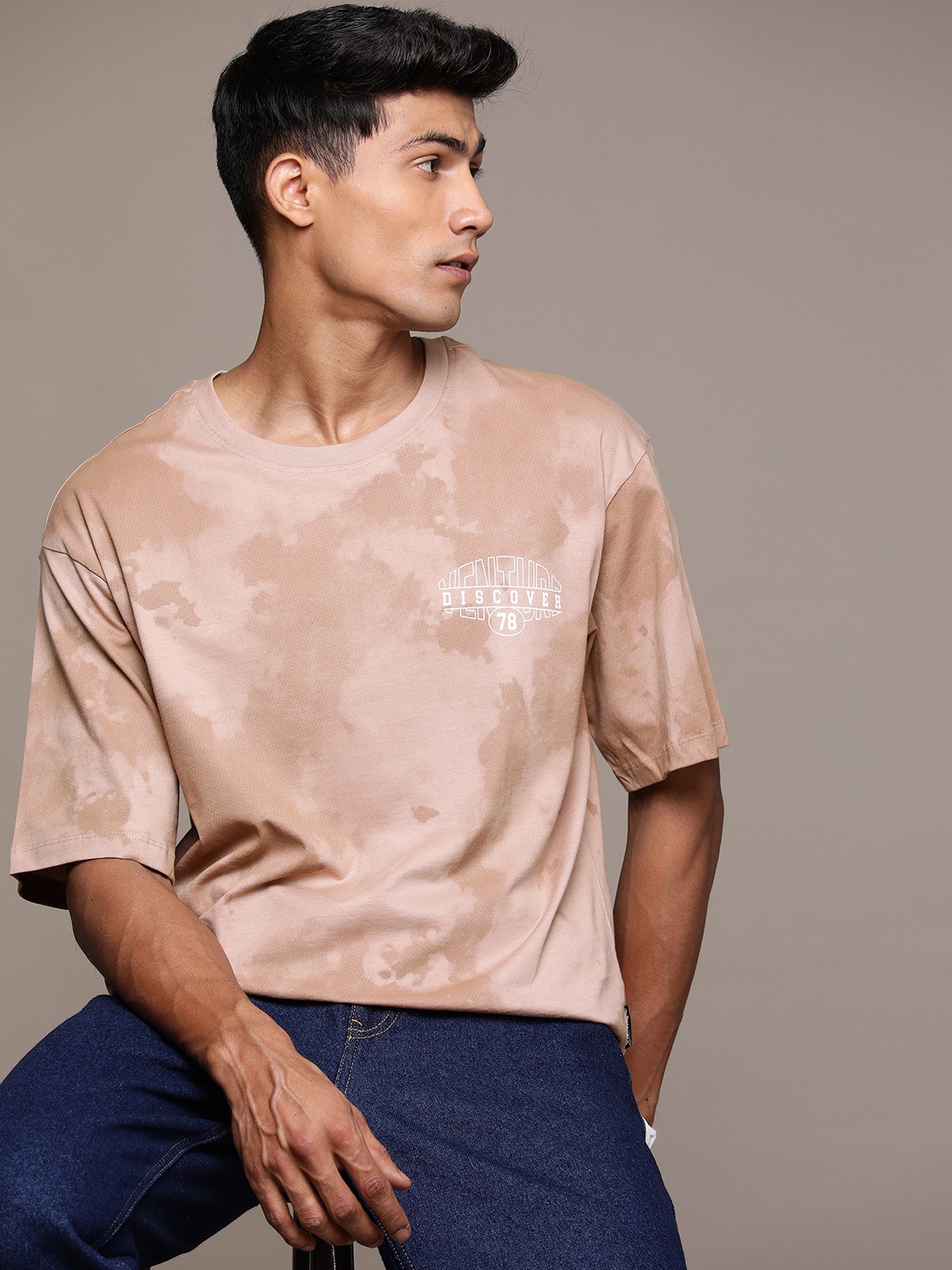

The Roadster Lifestyle Co. Dyed Drop-Shoulder Sleeves Pure Cotton Relaxed T-shirt, Brown
