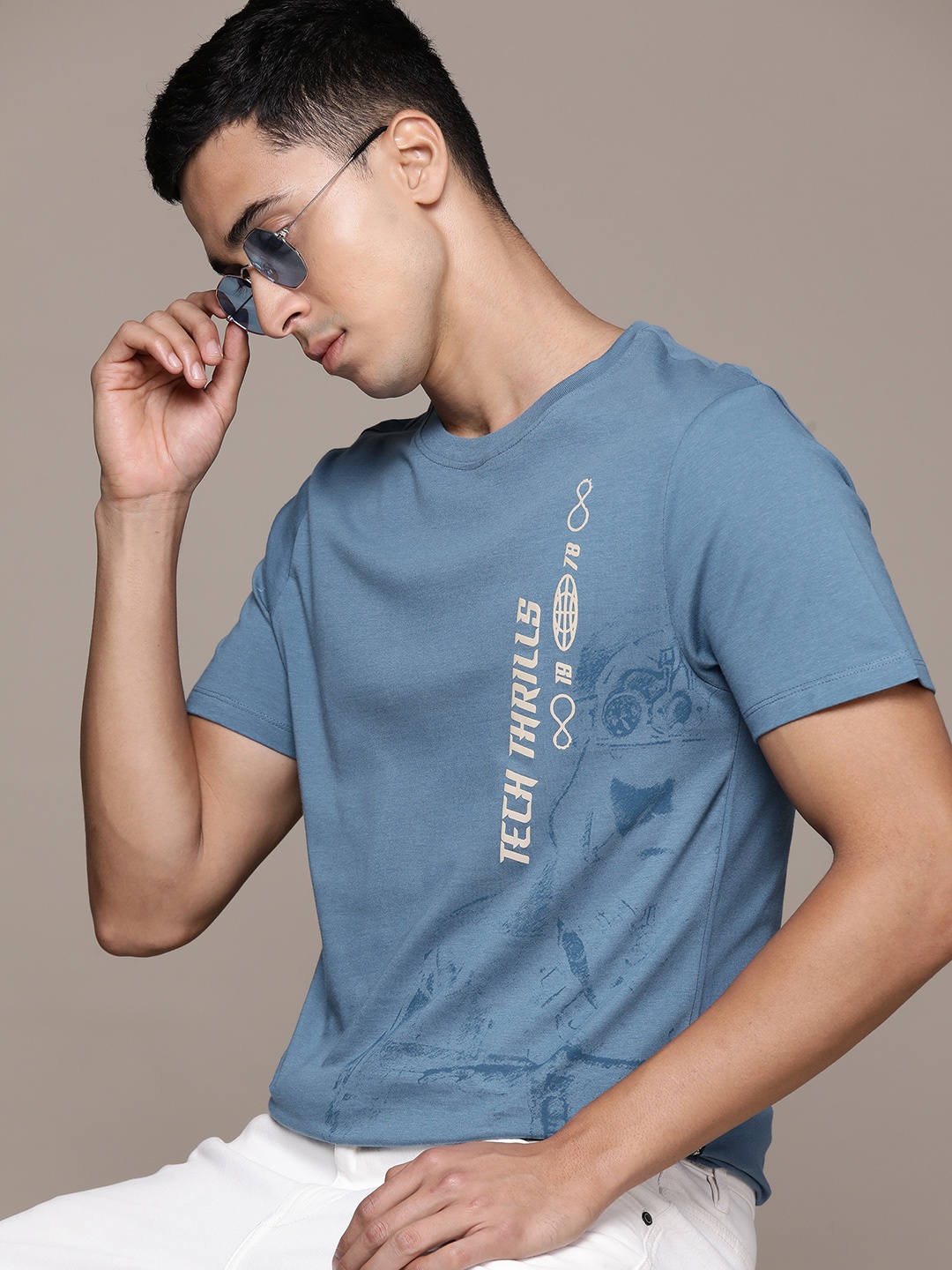 

Roadster The Life Co. Typography Printed Relaxed Pure Cotton T-shirt, Blue