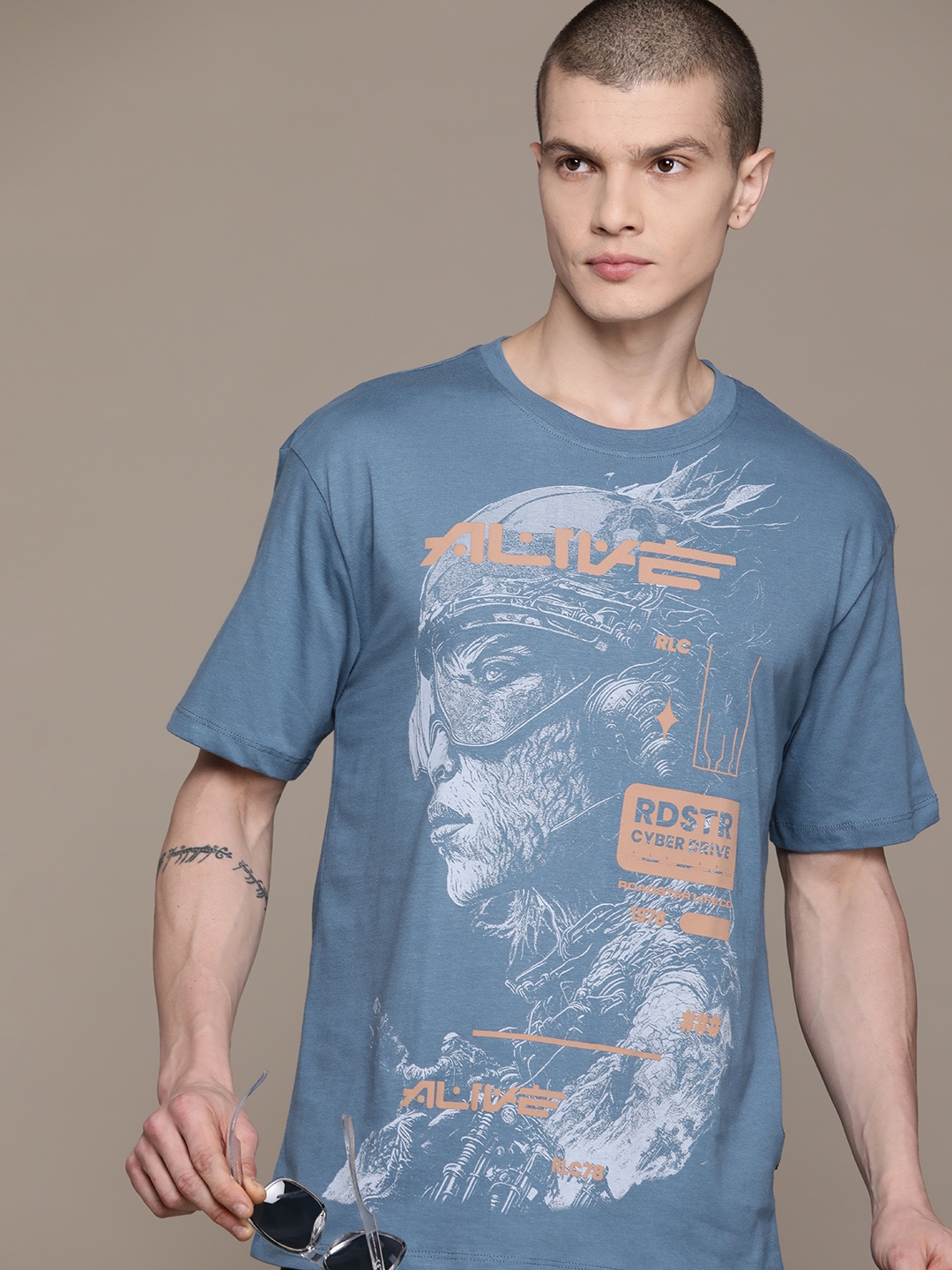 

Roadster Graphic Printed Cotton T-shirt, Blue