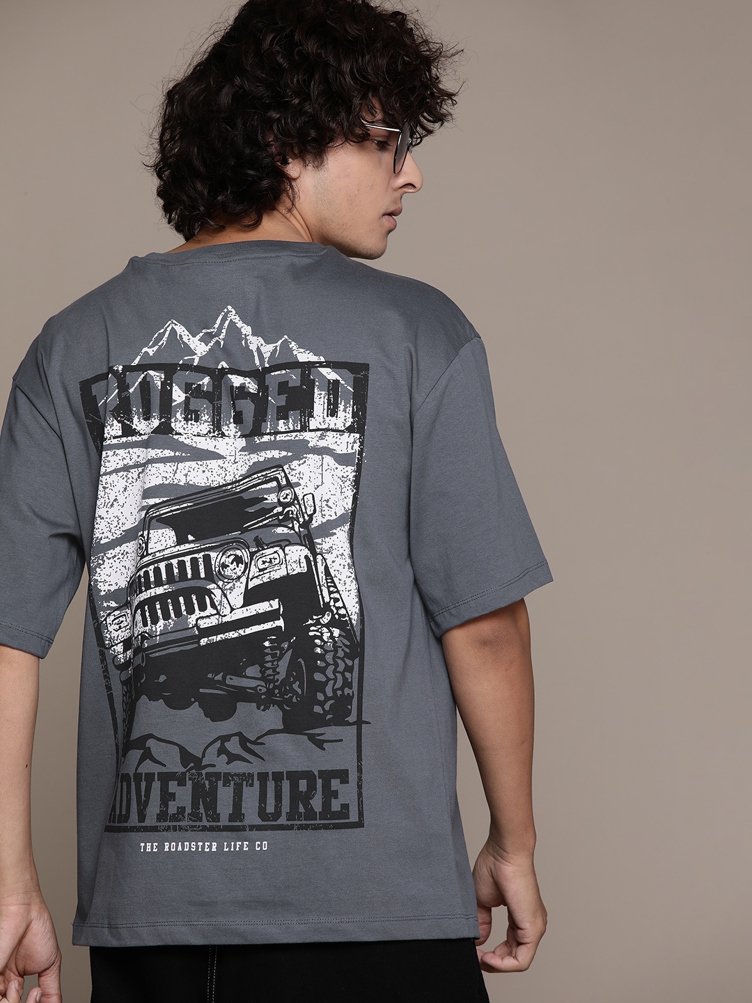 

The Roadster Lifestyle Co. Printed Drop-Shoulder Sleeves Pure Cotton Relaxed T-shirt, Charcoal