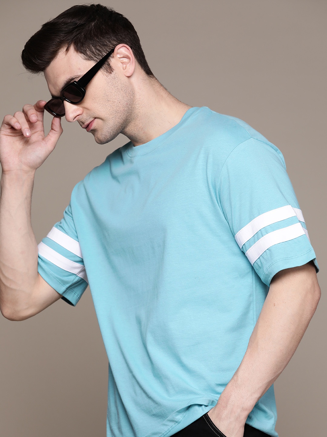 

The Roadster Lifestyle Co. Drop-Shoulder Sleeves Pure Cotton Relaxed Fit T-shirt, Blue