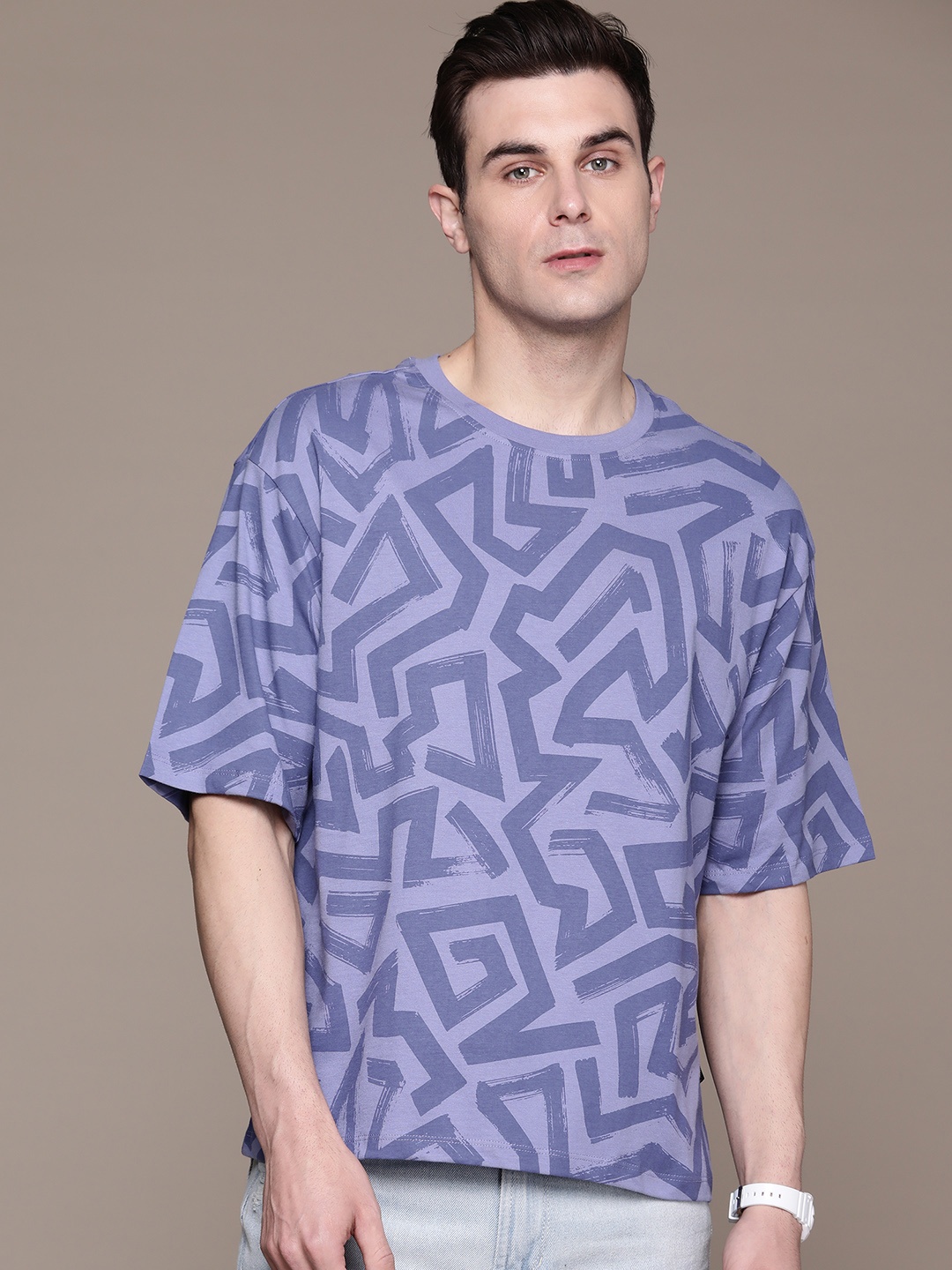 

The Roadster Lifestyle Co. Printed Drop-Shoulder Sleeves Pure Cotton T-shirt, Violet