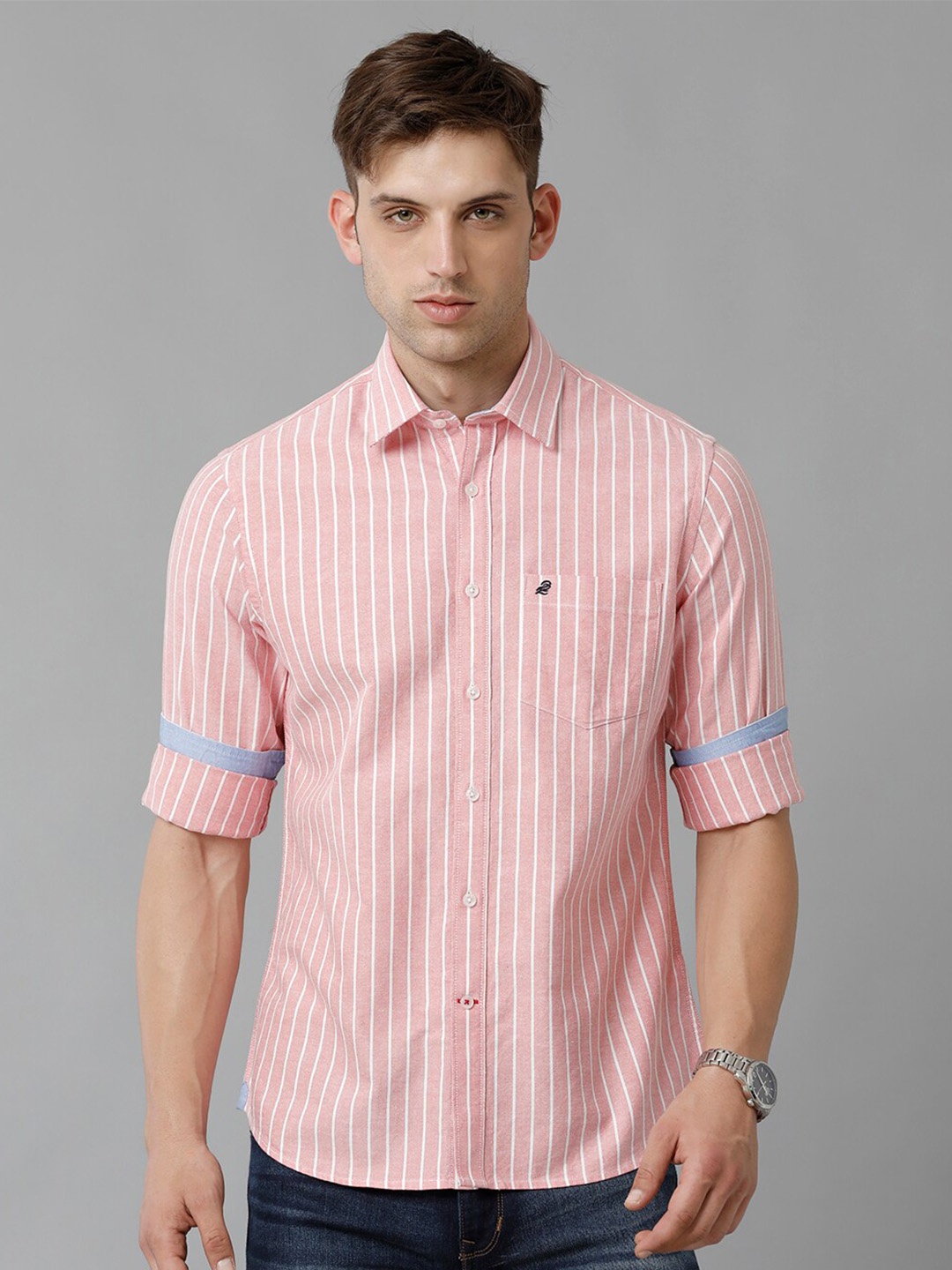 

Double Two India Slim Vertical Stripes Cotton Casual Shirt, Pink