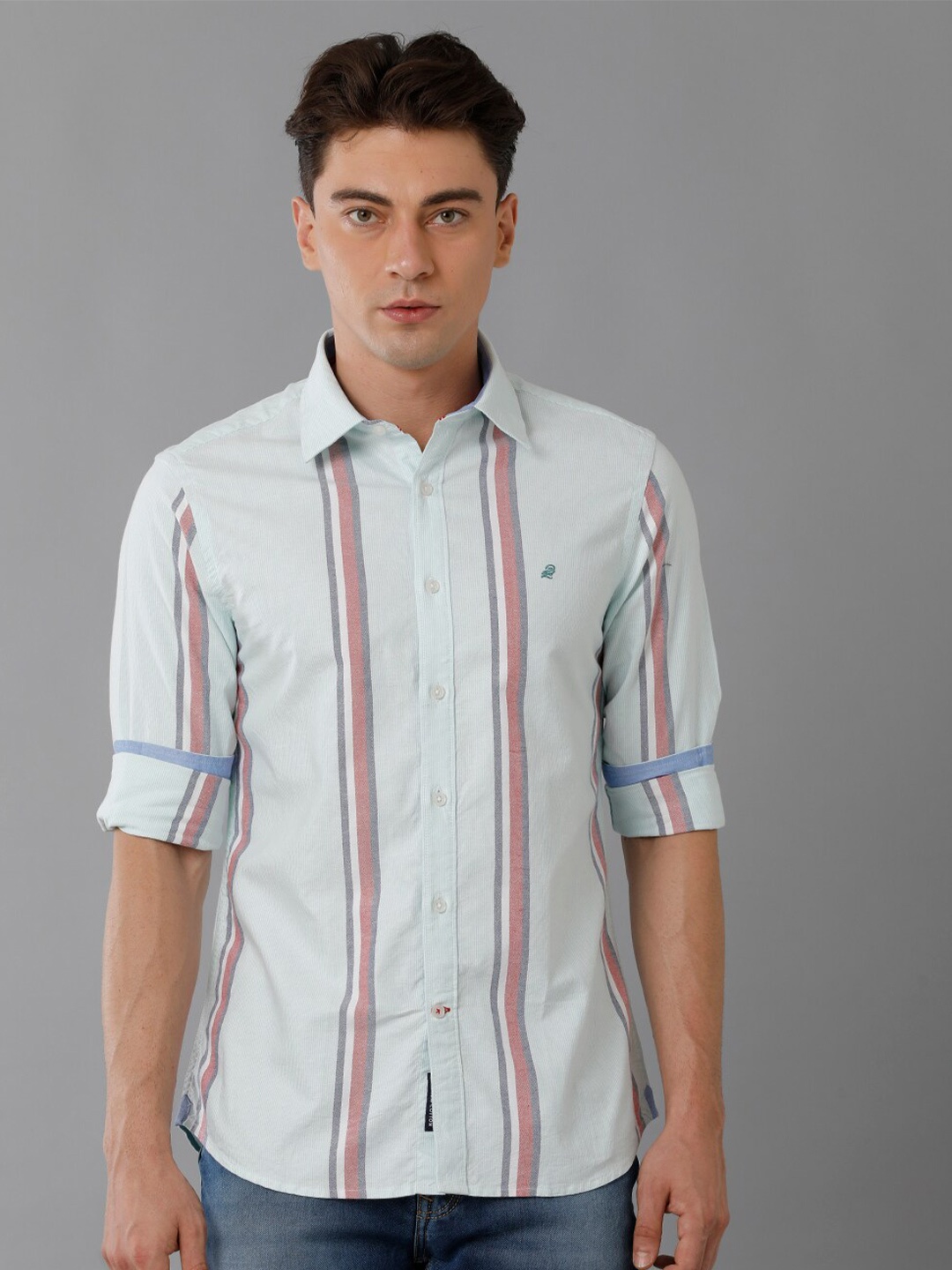 

Double Two India Slim Vertical Striped Spread Collar Cotton Casual Shirt, Green