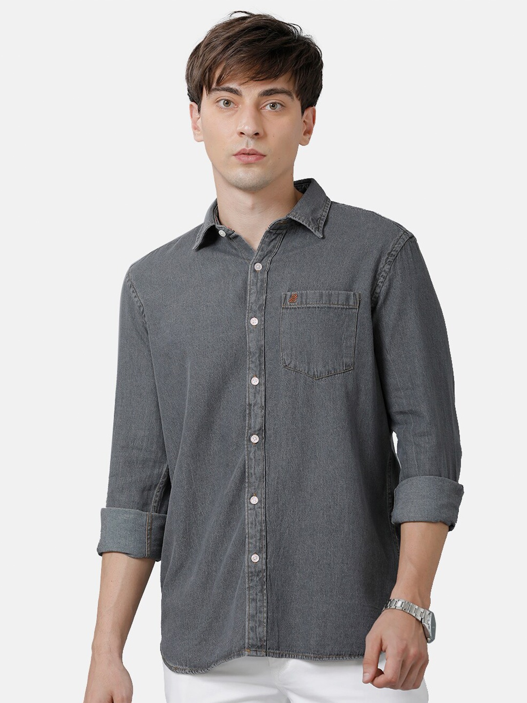 

Double Two India Slim Spread Collar Denim Cotton Casual Shirt, Grey