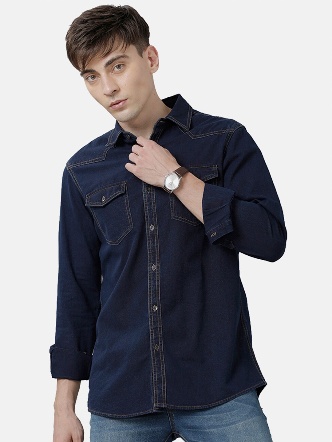 

Double Two India Slim Spread Collar Cotton Denim Casual Shirt, Navy blue