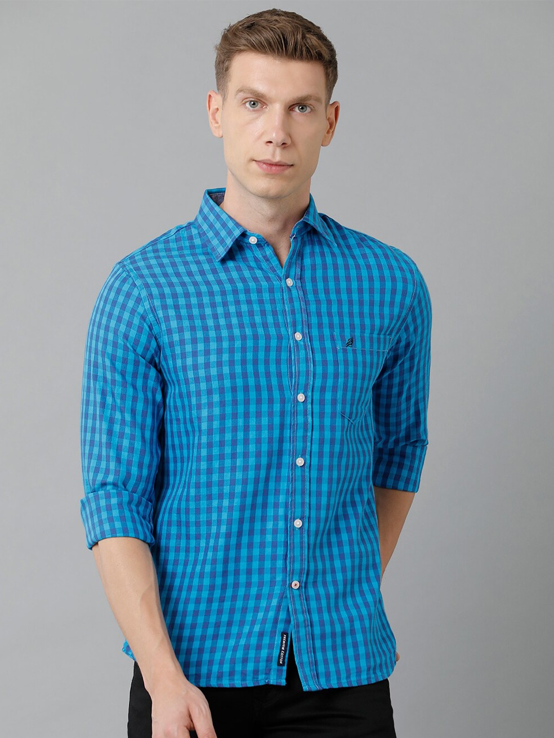 

Double Two India Slim Gingham Checks Cotton Casual Shirt, Blue