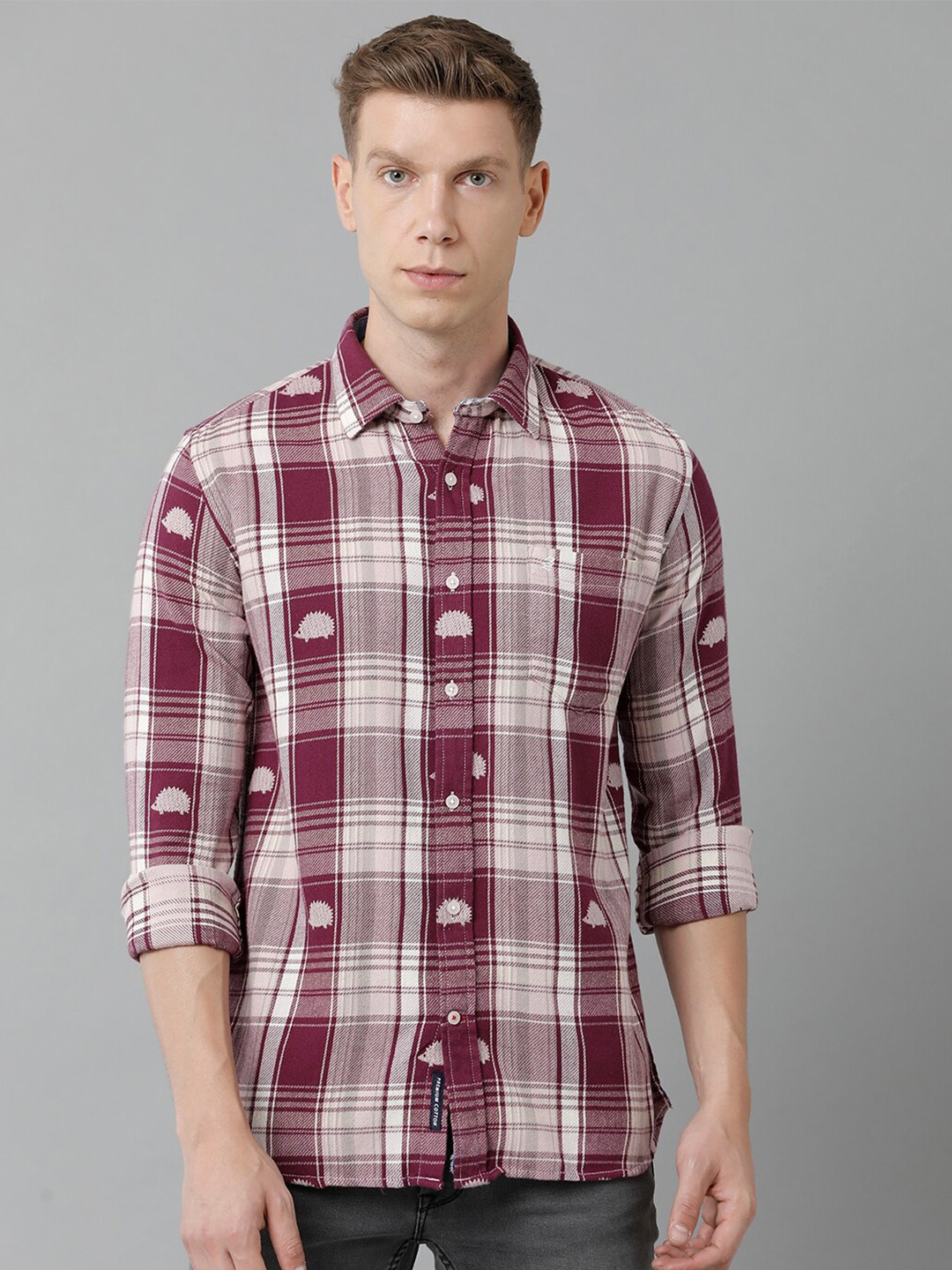 

Double Two India Slim Tartan Checked Spread Collar Cotton Casual Shirt, Purple