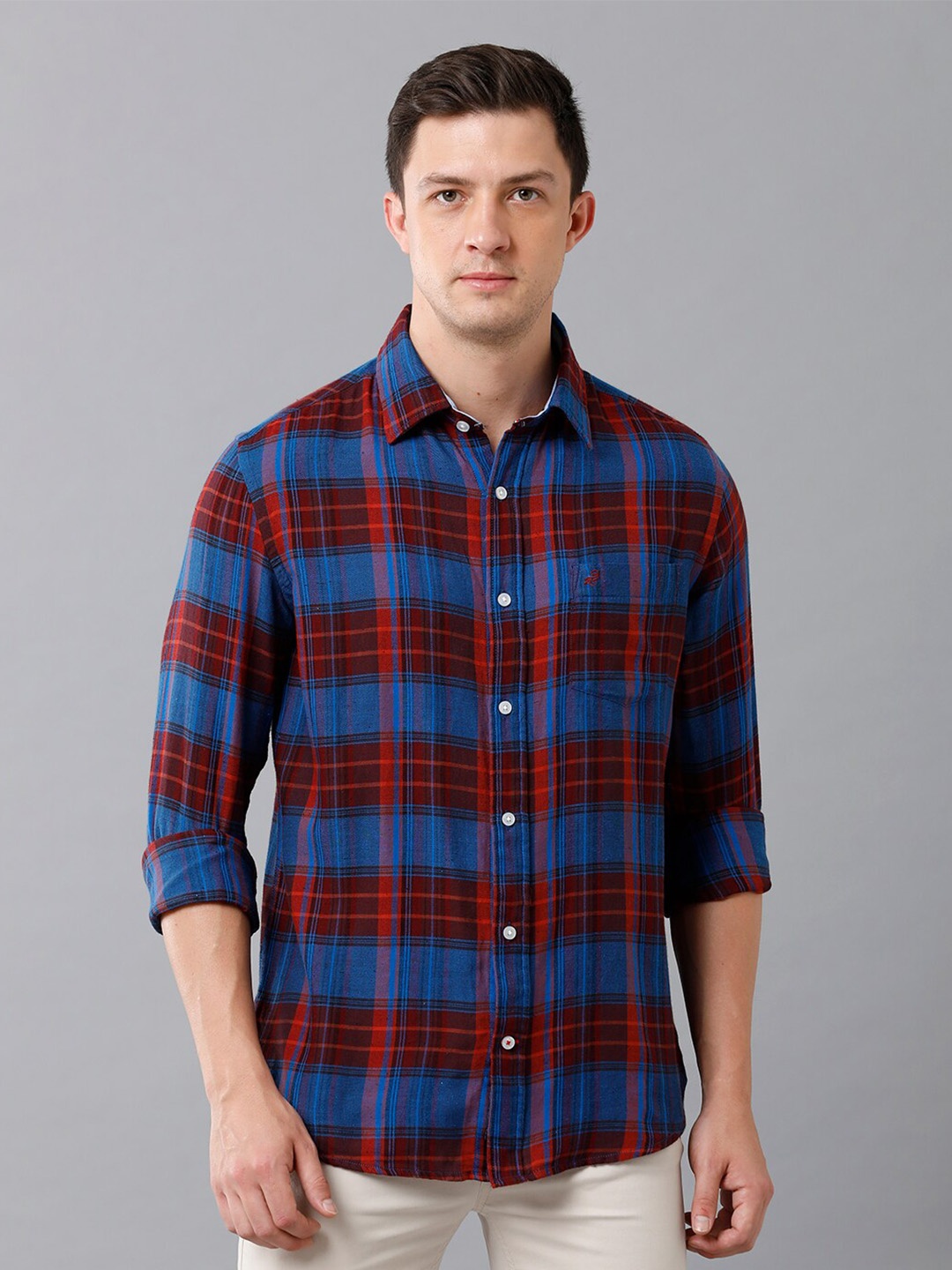 

Double Two India Slim Tartan Checks Slim Fit Cotton Casual Shirt, Blue