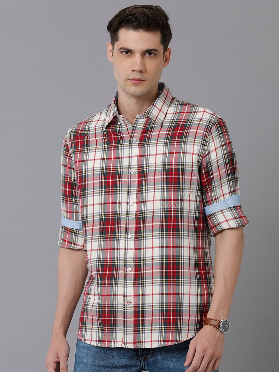

Double Two India Slim Tartan Checked Slim Fit Cotton Casual Shirt, Red