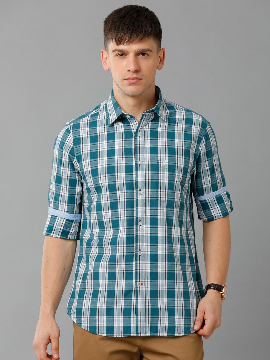 

Double Two Slim Fit Checked Casual Shirt, Green