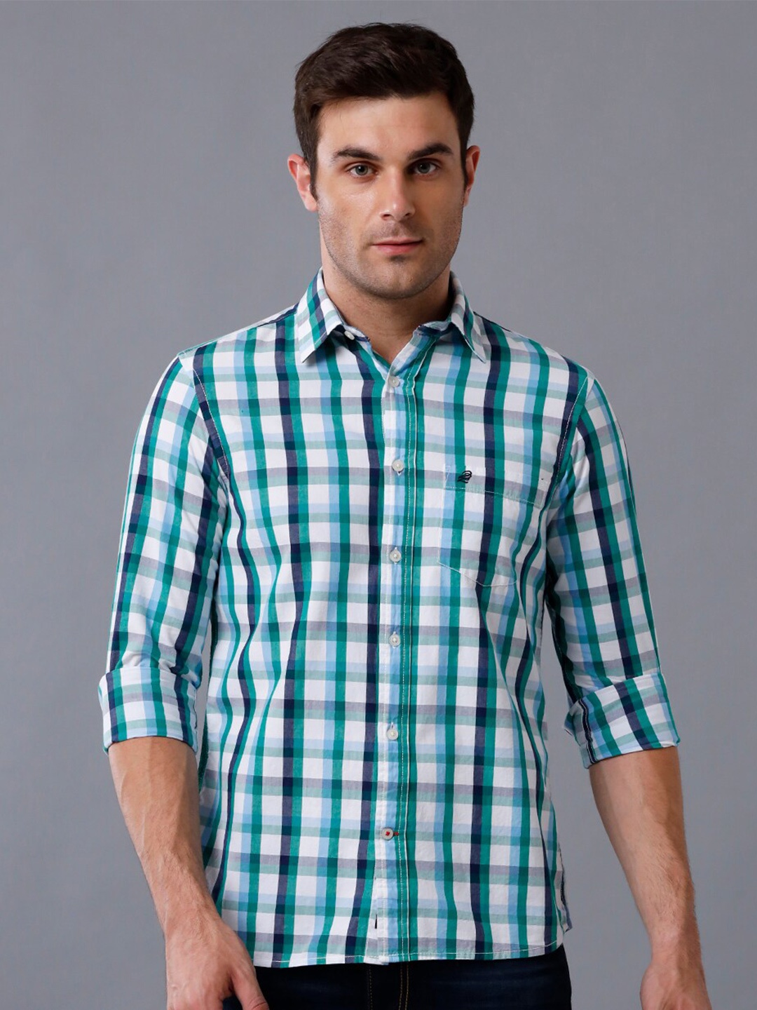 

Double Two India Slim Fit Tartan Checked Cotton Casual Shirt, Green