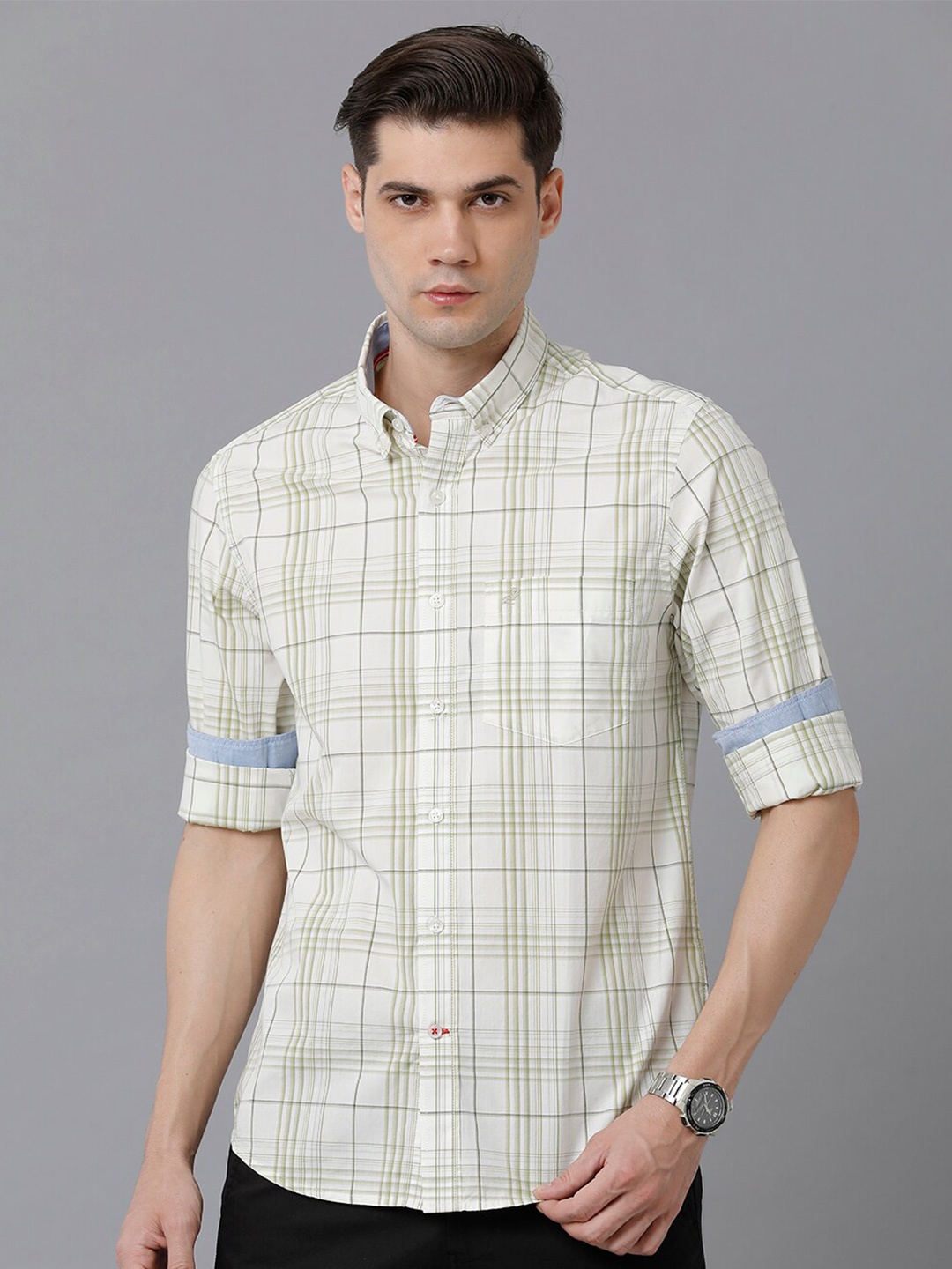 

Double Two Tartan Checked Cotton India Slim Fit Casual Shirt, Green
