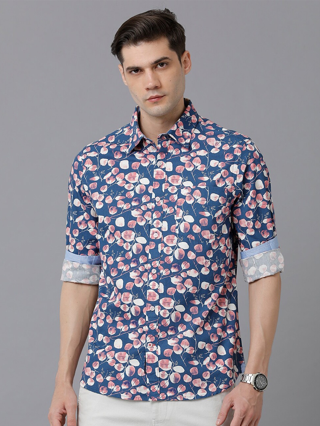 

Double Two India Slim Floral Printed Cotton Casual Shirt, Blue