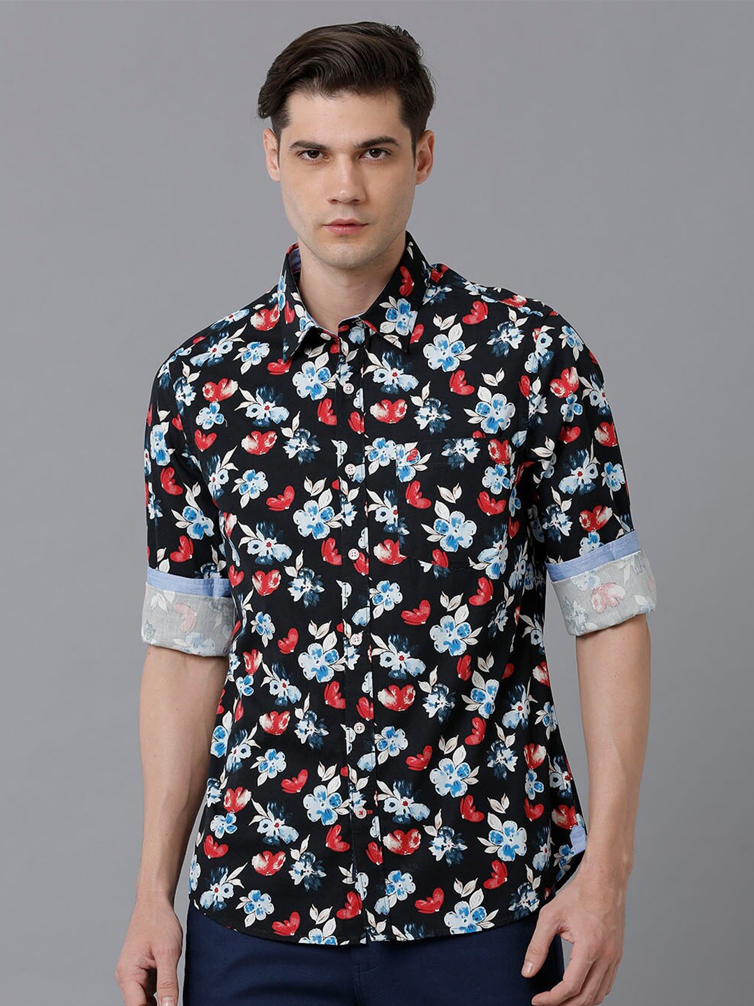

Double Two Floral Printed India Slim Fit Cotton Casual Shirt, Black