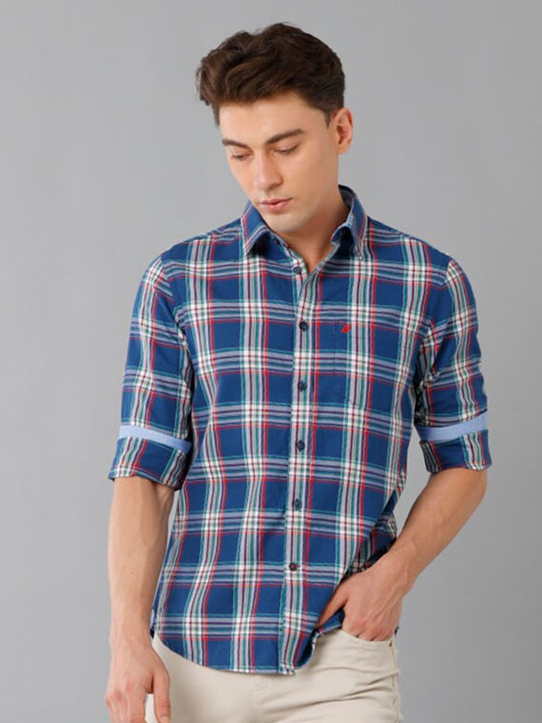 

Double Two India Slim Tartan Checked Slim Fit Cotton Casual Shirt, Navy blue