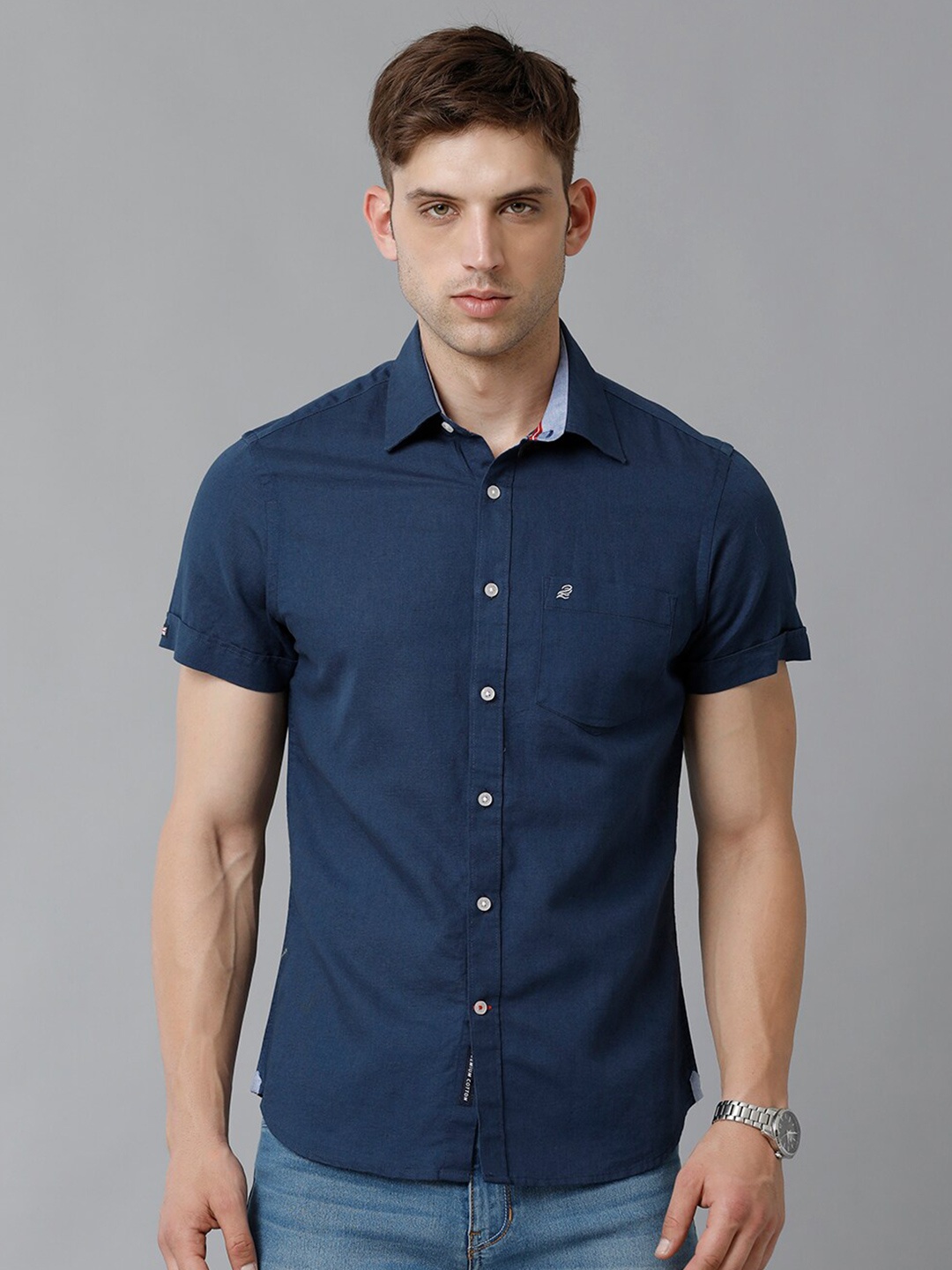 

Double Two India Slim Fit Cotton Linen Casual Shirt, Navy blue