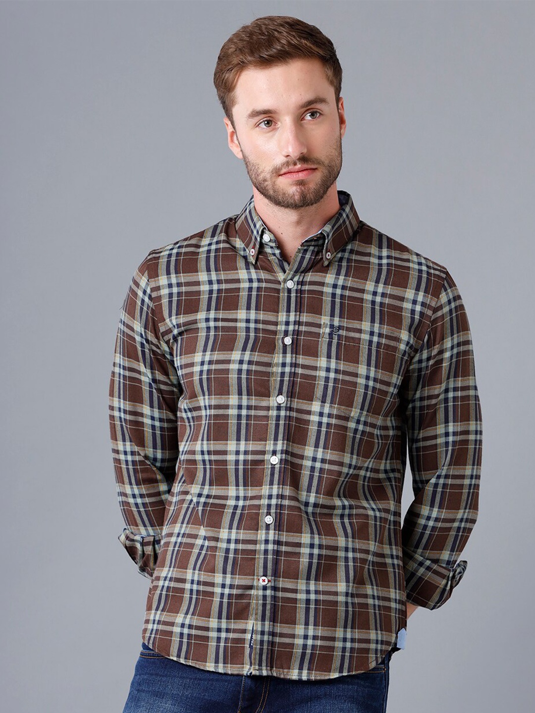 

Double Two India Slim Button-Down Collar Tartan Checks Cotton Casual Shirt, Green