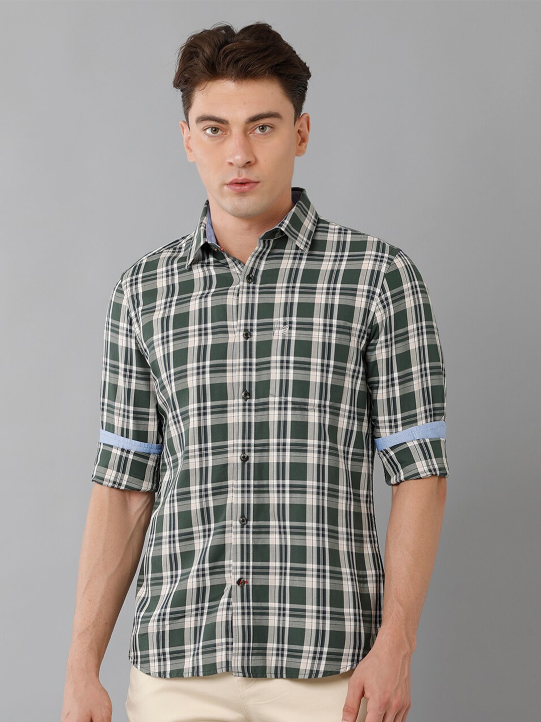 

Double Two India Slim Slim Fit Tartan Checks Long Sleeve Cotton Casual Shirt, Green