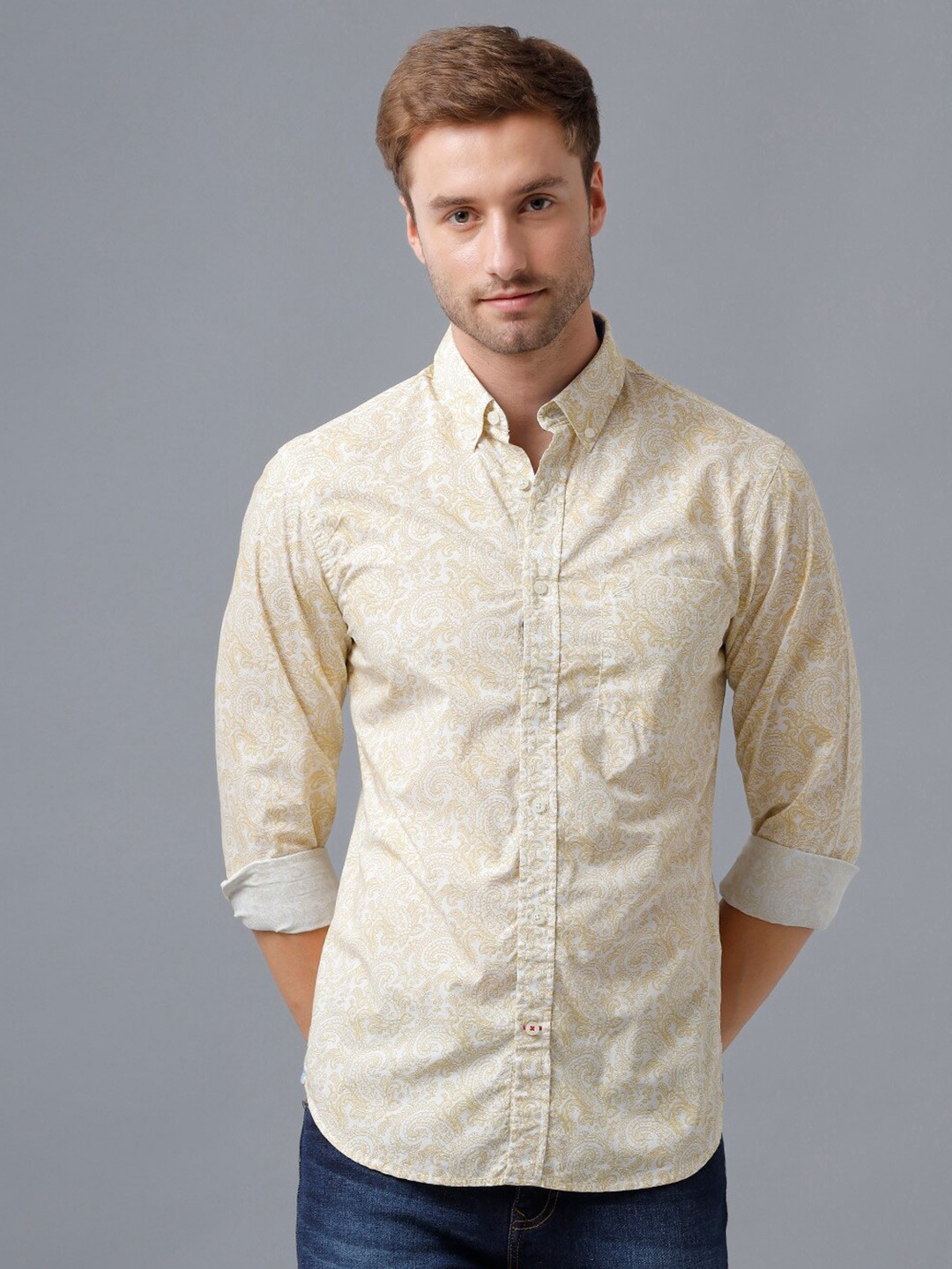 

Double Two India Slim Ethnic Motifs Printed Button-Down Collar Cotton Casual Shirt, Yellow