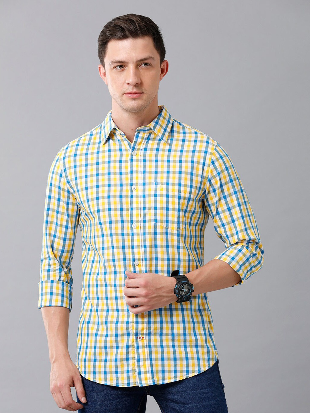 

Double Two India Slim Grid Tattersall Checks Cotton Casual Shirt, Blue