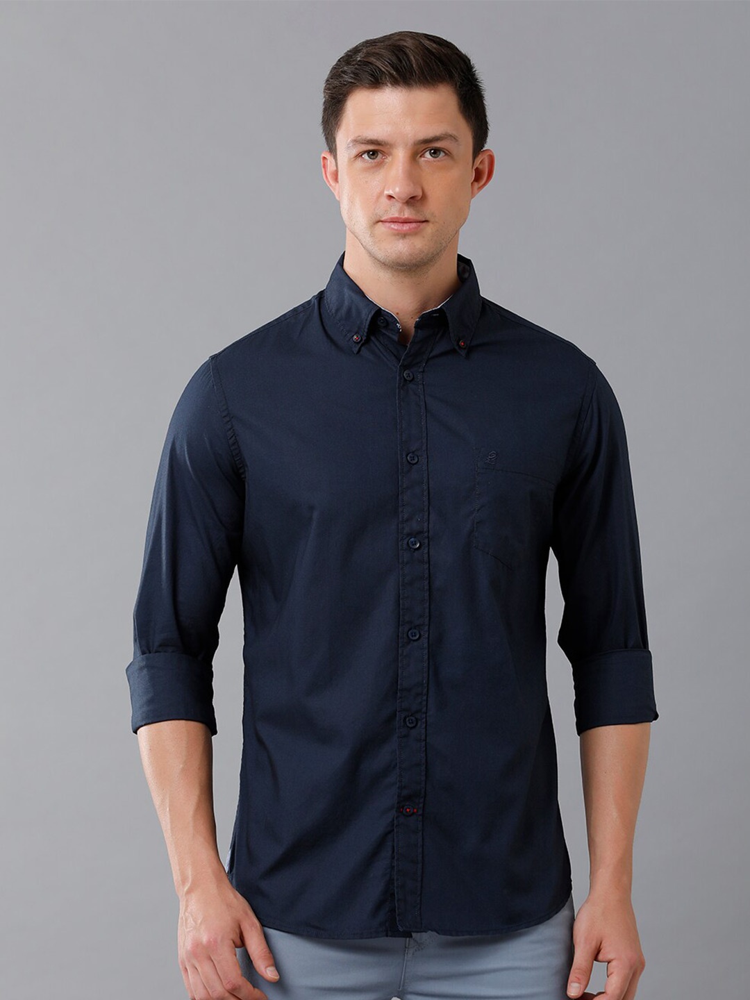 

Double Two India Slim Button Down Collar Cotton Casual Shirt, Navy blue