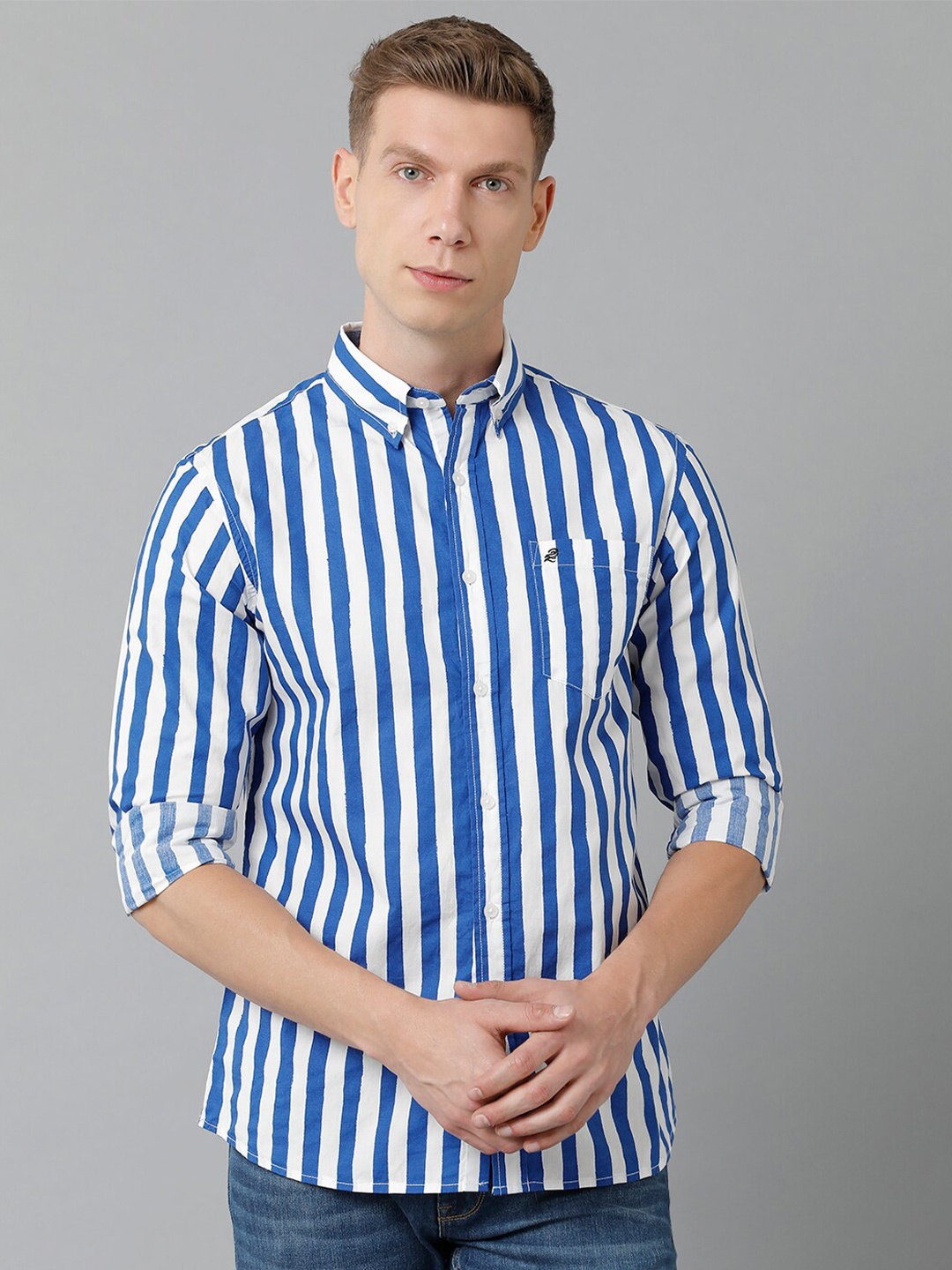 

Double Two India Slim Slim Fit Striped Button Down Collar Cotton Casual Shirt, White