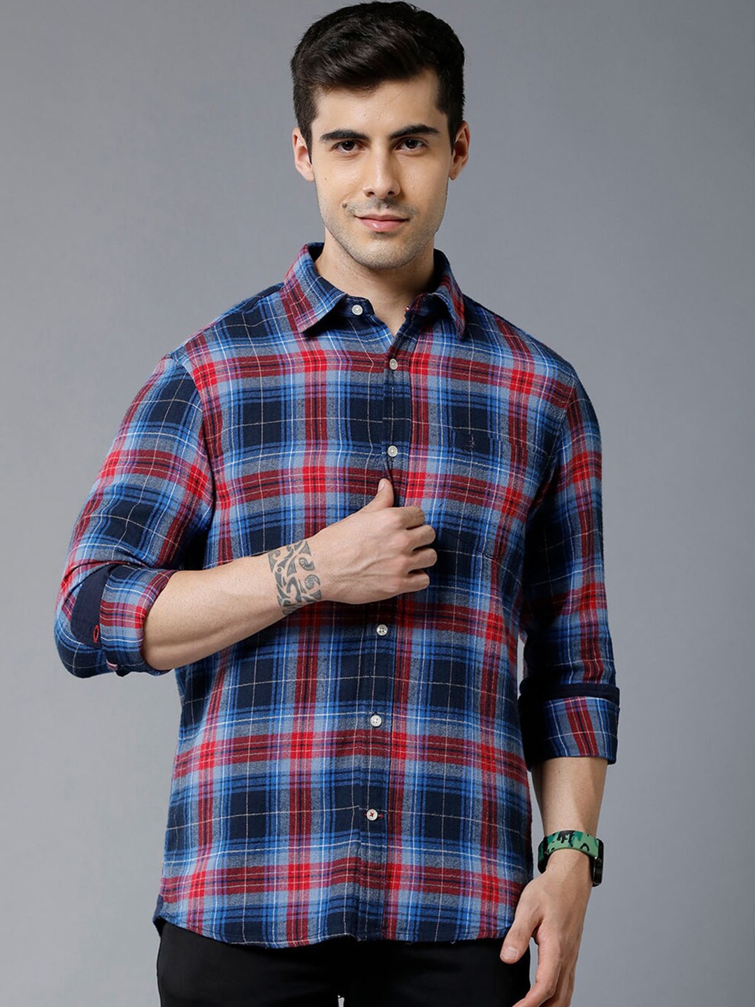 

Double Two Tartan Checked India Slim Fit Cotton Casual Shirt, Blue