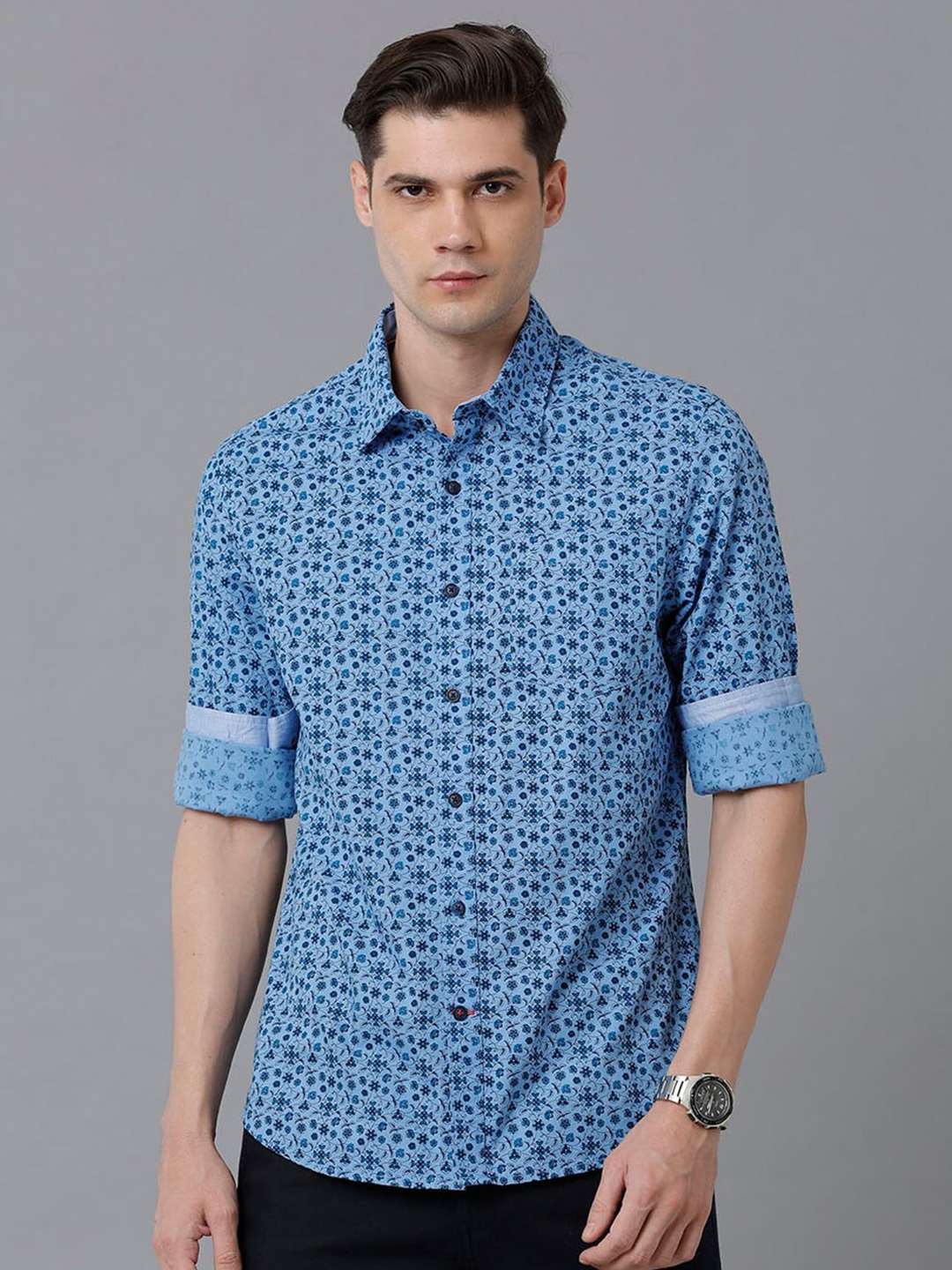 

Double Two Floral Printed India Slim Fit Cotton Casual Shirt, Blue