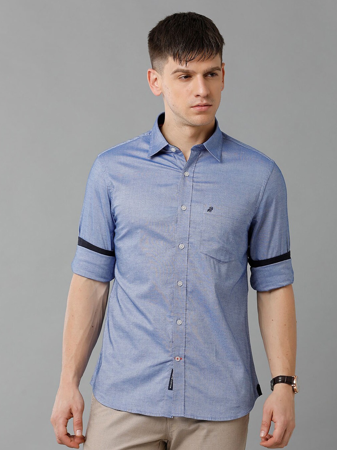 

Double Two India Slim Fit Spread Collar Chambray Cotton Casual Shirt, Blue