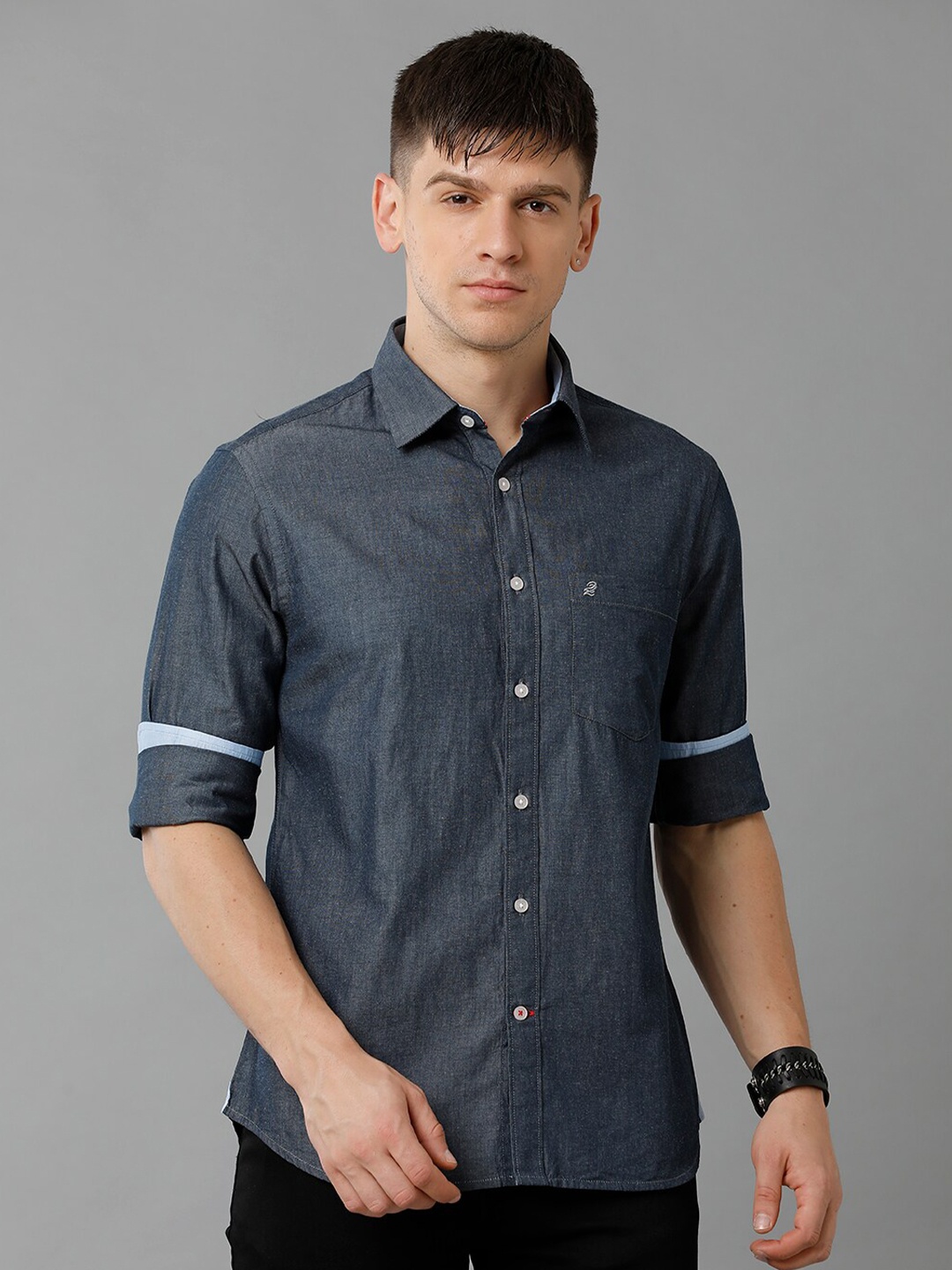 

Double Two India Slim Fit Spread Collar Cotton Chambray Weave Casual Shirt, Grey