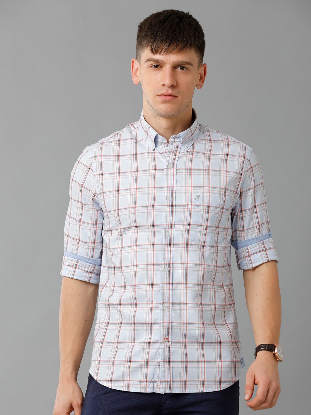 

Double Two India Slim Windowpane Checked Slim Fit Cotton Casual Shirt, Blue