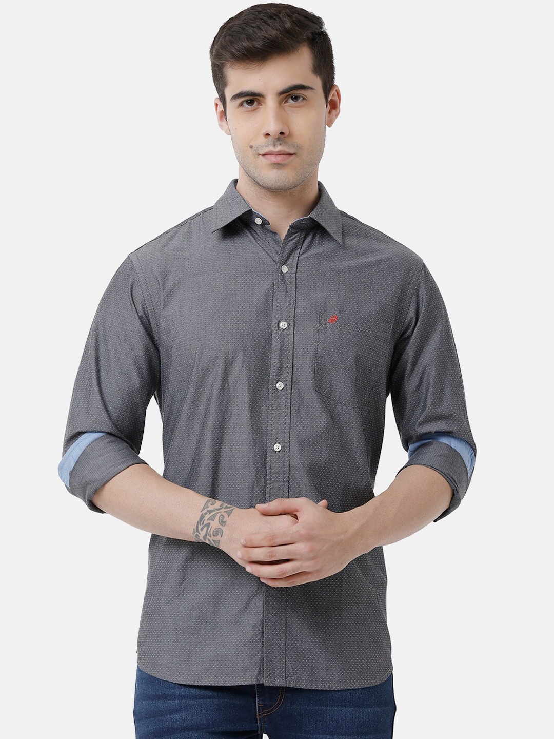 

Double Two Micro Ditsy Printed India Slim Fit Cotton Casual Shirt, Grey