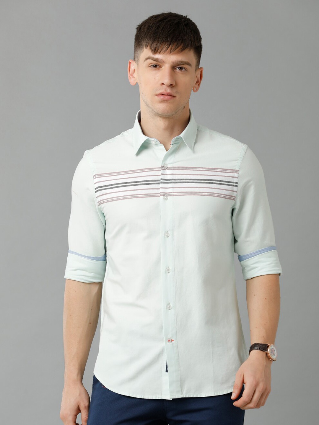 

Double Two India Slim Horizontal Stripes Cotton Casual Shirt, Green