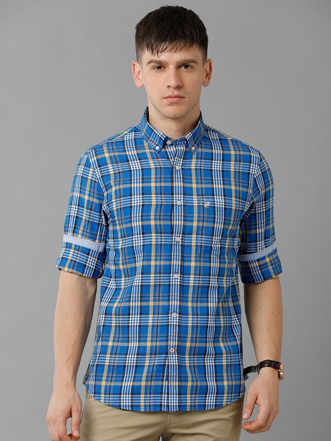 

Double Two Tartan Checked Cotton India Slim Fit Casual Shirt, Blue