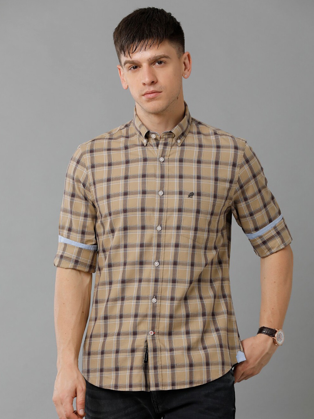 

Double Two India Slim Slim Fit Gingham Checks Button Down Collar Cotton Casual Shirt, Brown