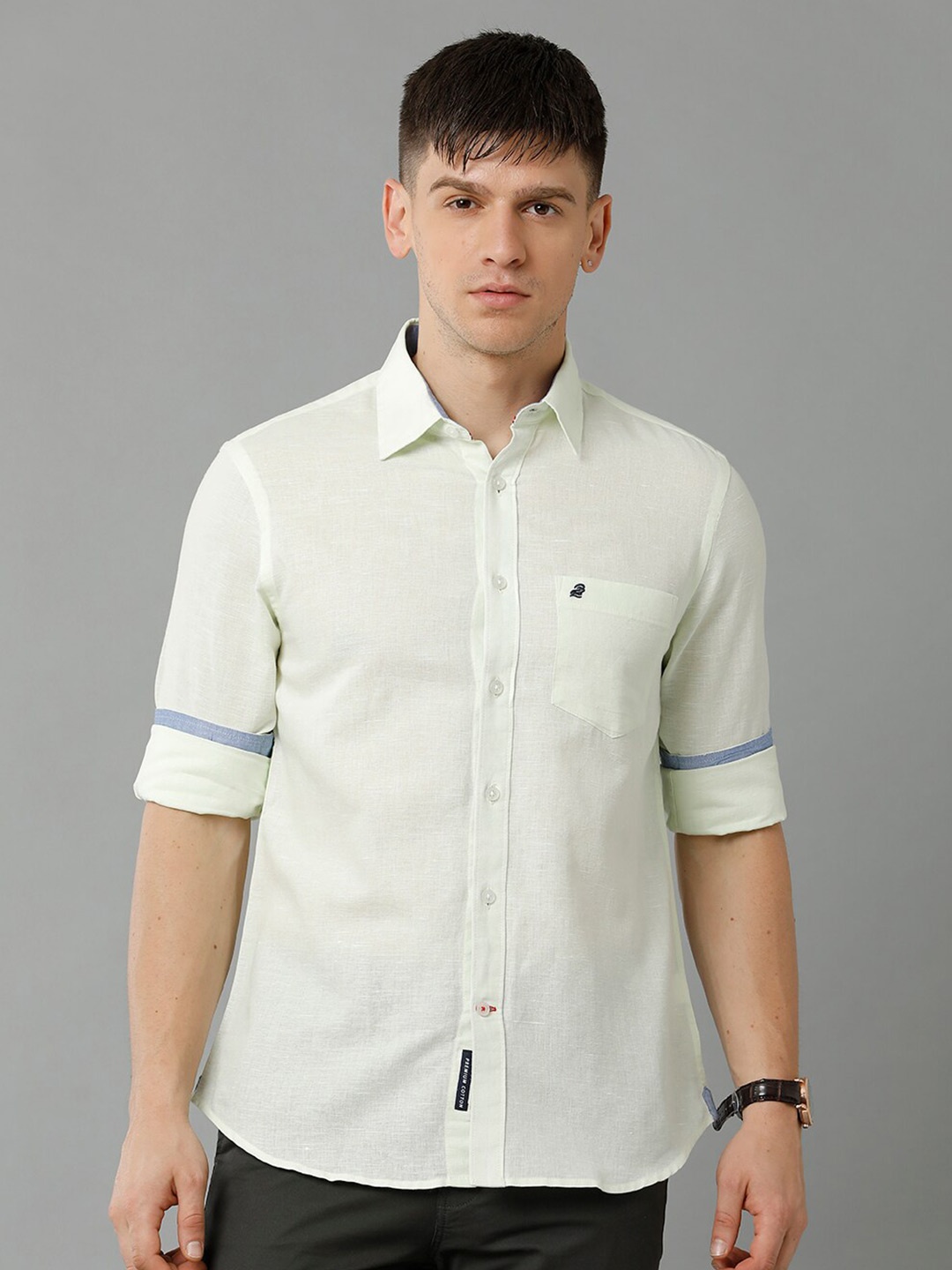 

Double Two India Slim Slim Fit Spread Collar Long Sleeve Cotton & Linen Casual Shirt, Green