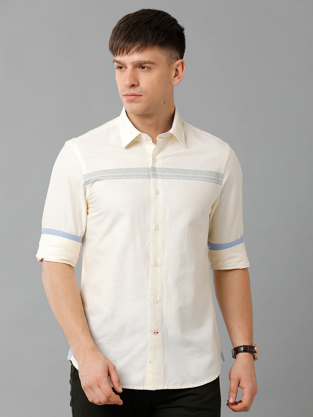 

Double Two India Slim Fit Horizontal Stripes Cotton Casual Shirt, Yellow