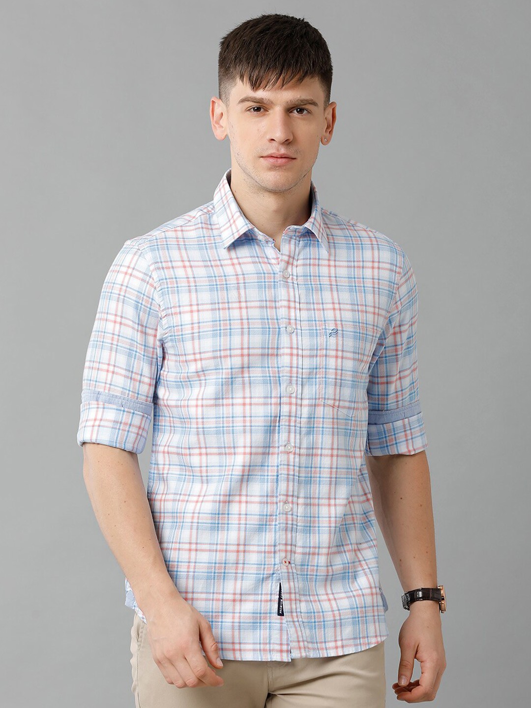 

Double Two India Slim Tartan Checked Slim Fit Cotton Casual Shirt, Blue