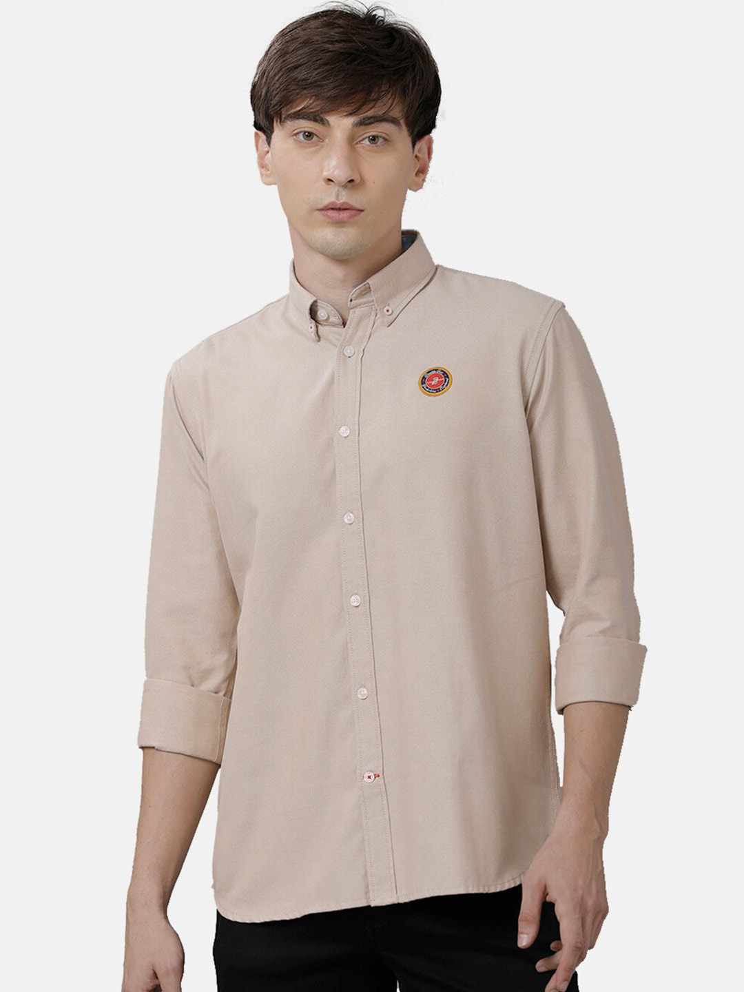 

Double Two India Slim Slim Fit Button-Down Collar Long Sleeve Cotton Casual Shirt, Beige