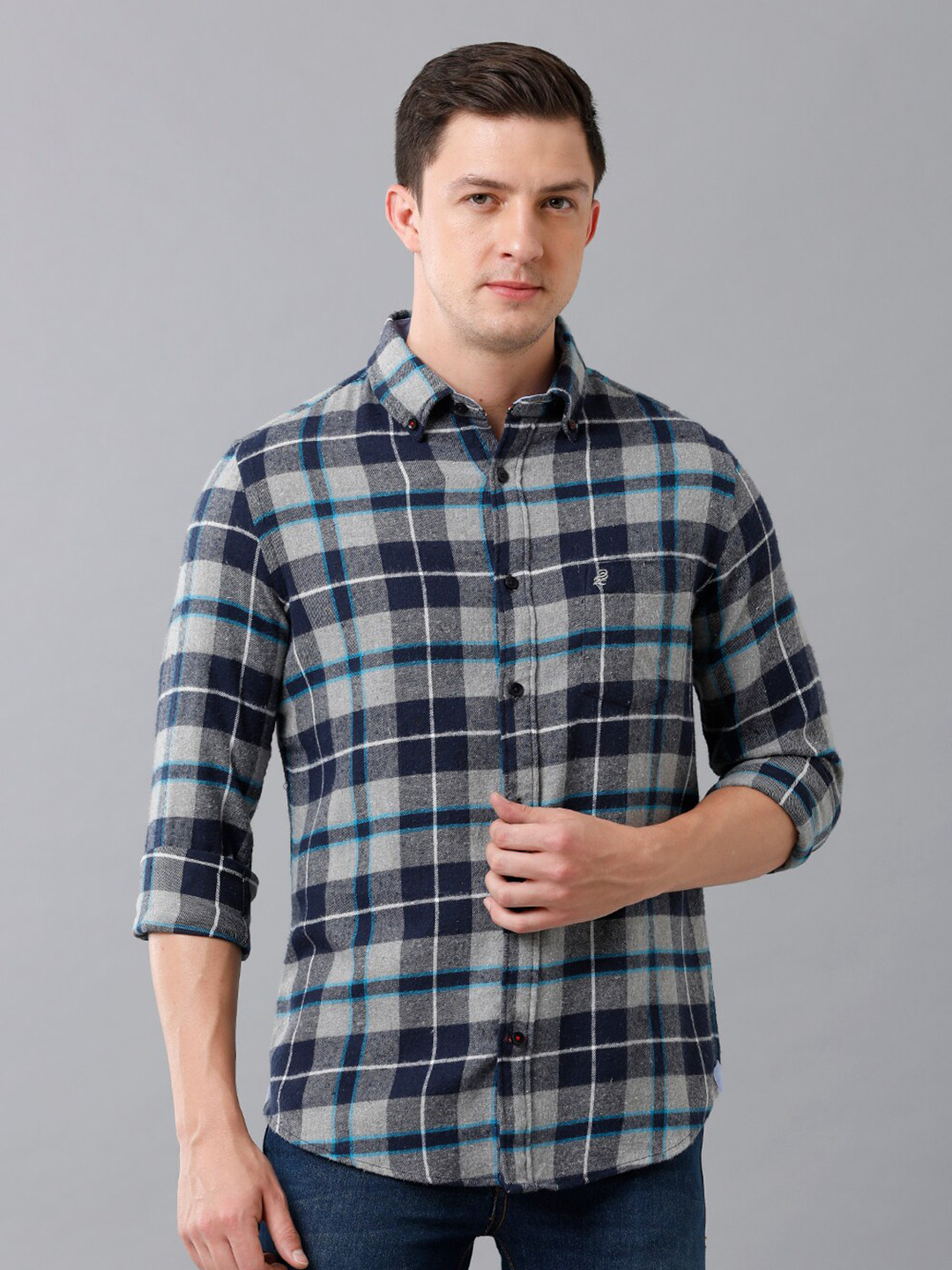 

Double Two Tartan Checked Cotton Twill India Slim Fit Casual Shirt, Blue