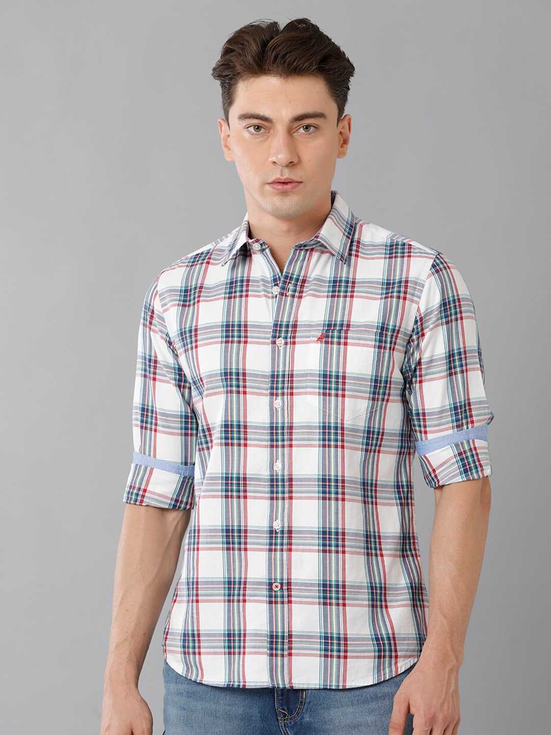 

Double Two India Slim Slim Fit Tartan Checks Long Sleeve Cotton Casual Shirt, White