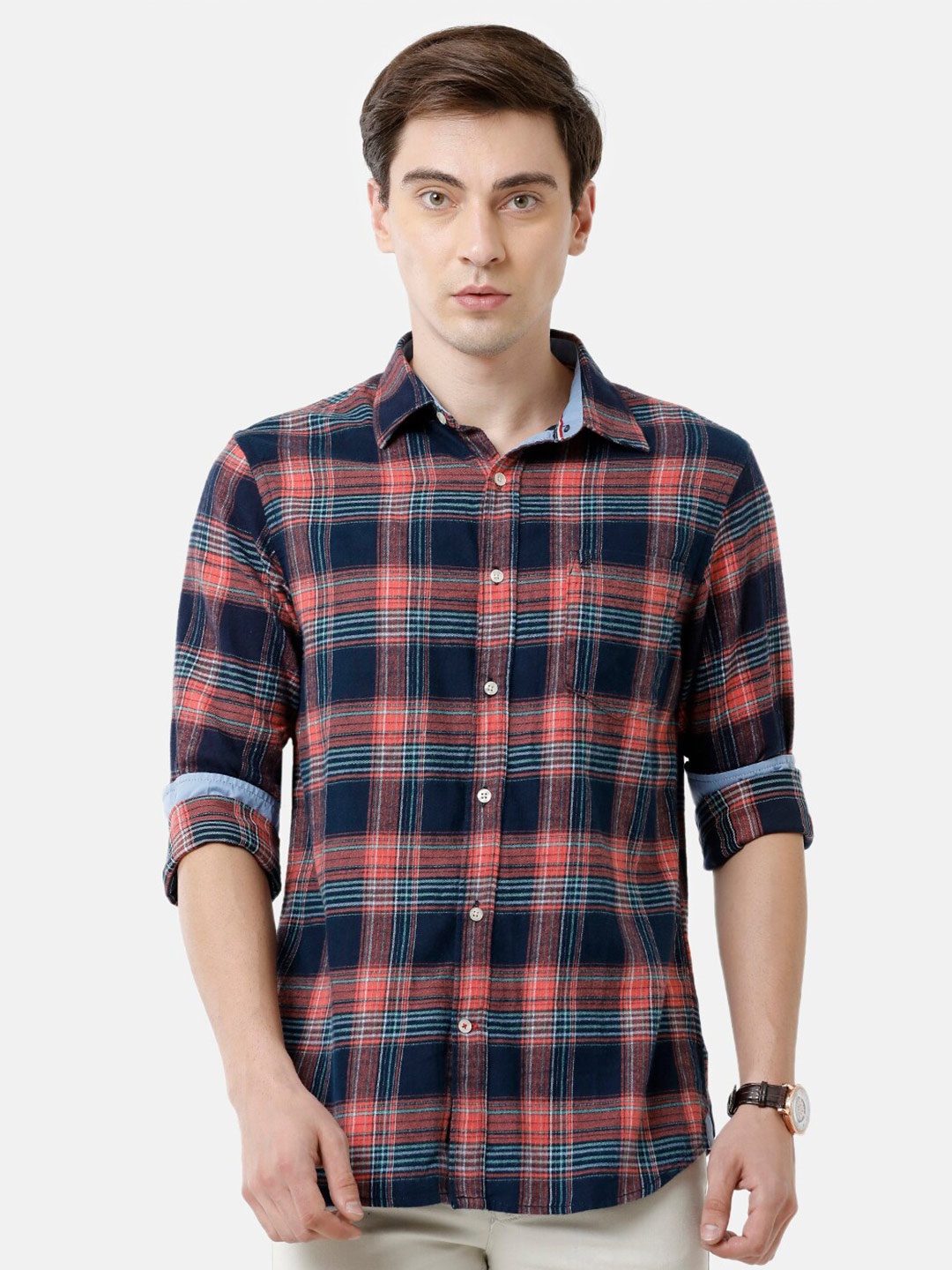 

Double Two Tartan Checked India Slim Fit Cotton Casual Shirt, Blue