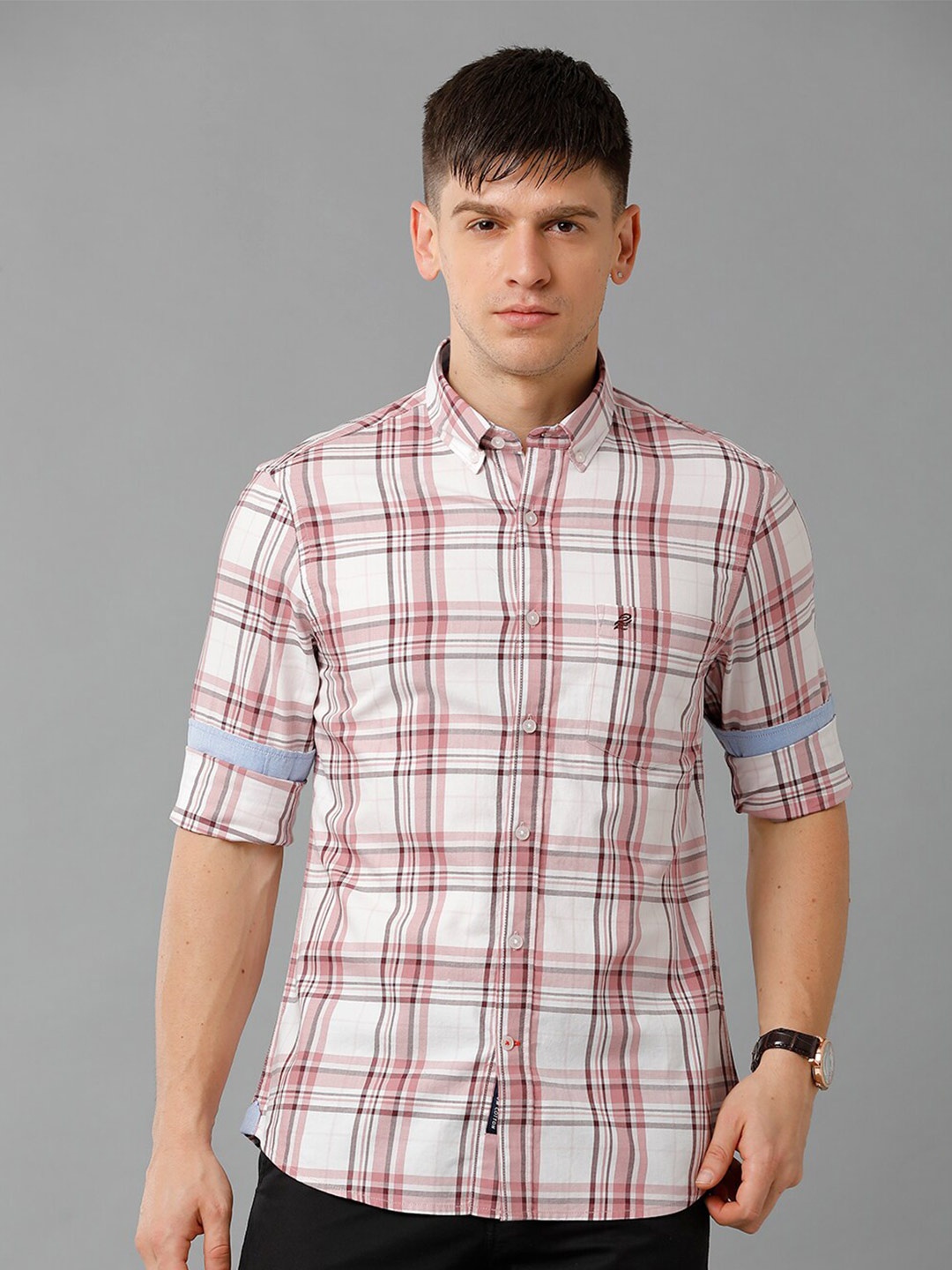

Double Two Tartan Checked Cotton India Slim Fit Casual Shirt, Pink
