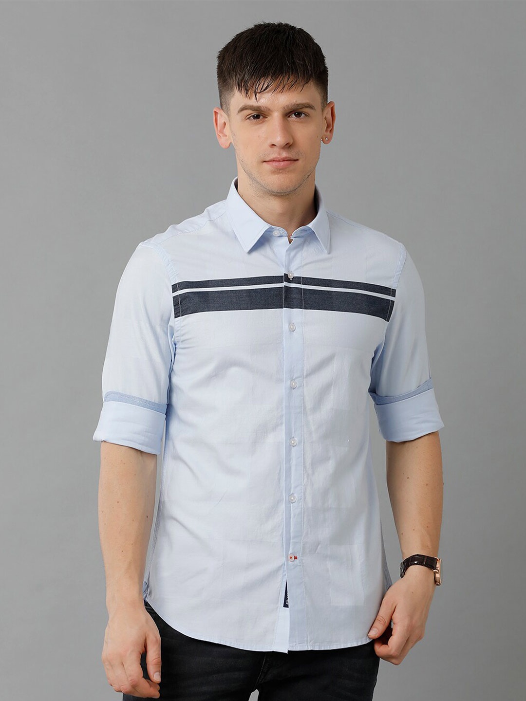 

Double Two India Slim Horizontal Stripes Slim Fit Cotton Casual Shirt, Blue