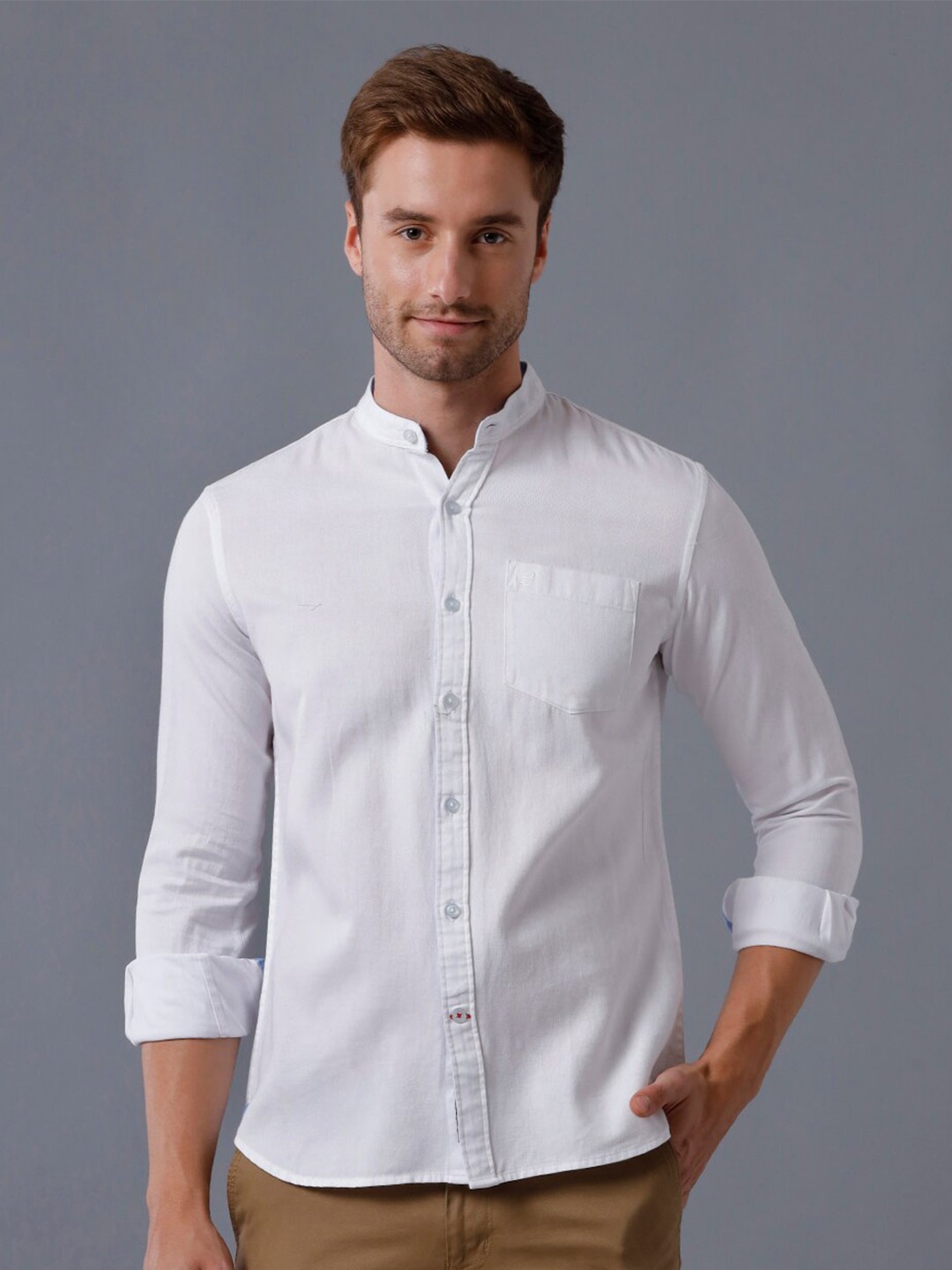 

Double Two India Slim Fit Mandarin Colar Cotton Casual Shirt, White