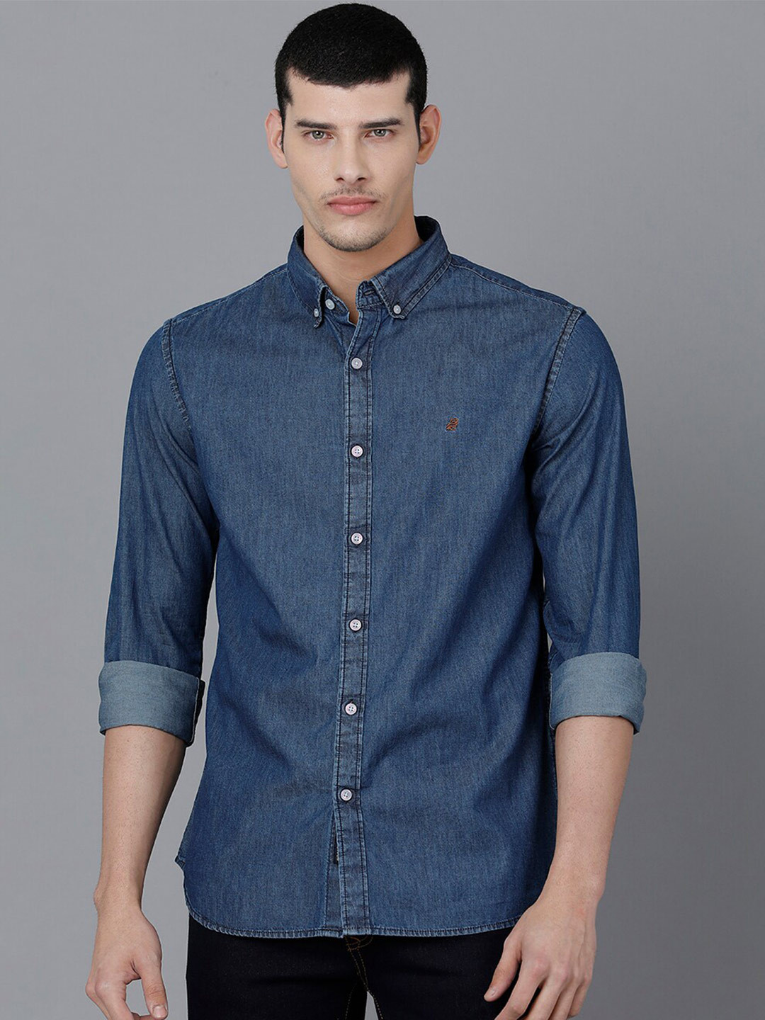 

Double Two India Slim Fit Button Down Collar Cotton Denim Weave Casual Shirt, Blue