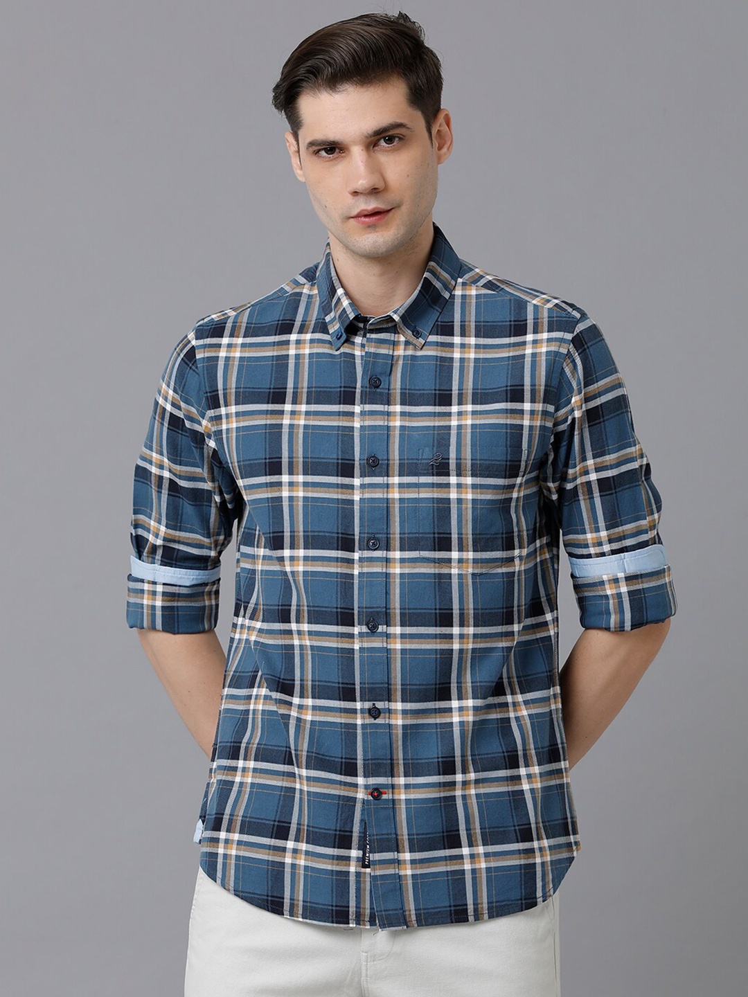 

Double Two India Slim Fit Tartan Checked Button-Down Collar Cotton Casual Shirt, Blue